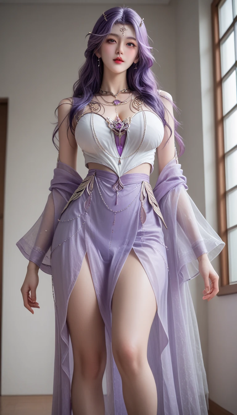 "1 beautiful girl in traditional dress, ((wearing a sexy, ultra-transparent purple nightgown:2)), ((see-through nightgown:2)), black on the chest and yellow border, long black hair with a light purple, ((most beautiful and detailed hair jewelry:1.8)), Super cute little face Extremely beautiful face, thin eyebrows, the most beautiful and flawless face, ((black eye pupil:0.8)), very beautiful eyes, ((black and light purple eyes:0.5)), hairy beautiful and detailed makeup eyelashes, high nose, earrings, thin lips, ((light pink lips:-1)), ban on laughing, beautiful lips, slender arms, The most beautiful thighs, healthy limbs, rosy face, clean face, beautiful face without blemishes, smooth white skin, ((super tight and round breasts: 1.8)) cleavage, beautiful breasts, ((put the girl's arms behind her back:1.8)), (((portrait body of a beautiful girl:0.8))), ((looking straight at the girl's body:1.8)), 8k photo, super high quality, super realistic, 10x super pixels, actual photo, dark studio, border light, two-tone lighting color, (high detail skin: 1.2), 8k ultra, soft light, high quality, volumetric light, candid, Photo, high resolution, light, best photo, 4k quality, 8k, bokeh, Smooth and sharp, 10x pixelated, ((royal bedroom:1.8)), aurora, lightning, super graphics, most realistic graphics, alone, solo, Extremely sharp, surreal image, (((frontal portrait:1.6)))