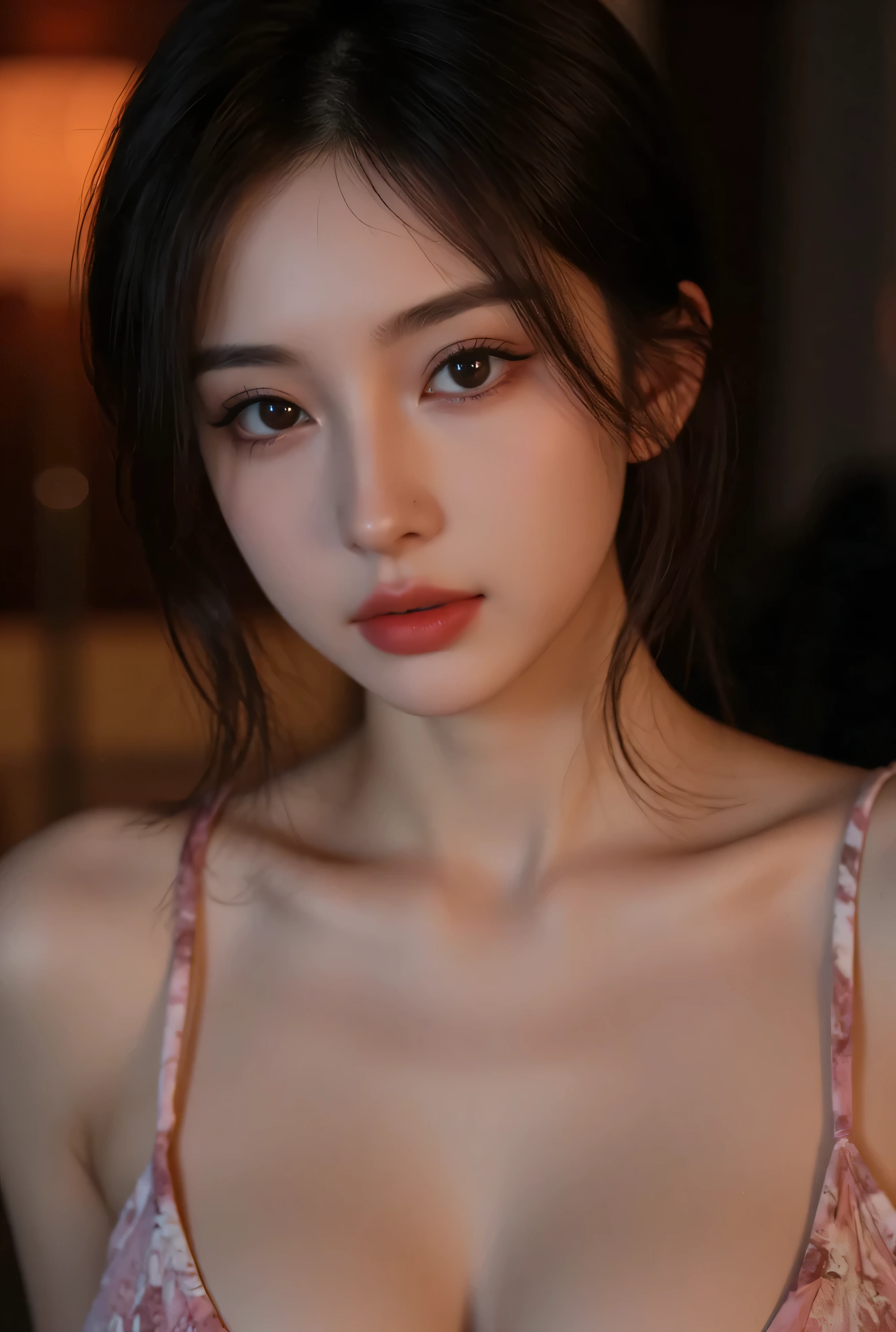 Close up shot, cute , black hair in two medium ponytails, sexy eyes, intense eye contact, small nose, red lips, orgasmic face, neck, collarbone, loose dark pink t shirt, bare shoulder, lying in bed, bed, bedroom, dark room, one lamp,, in bed