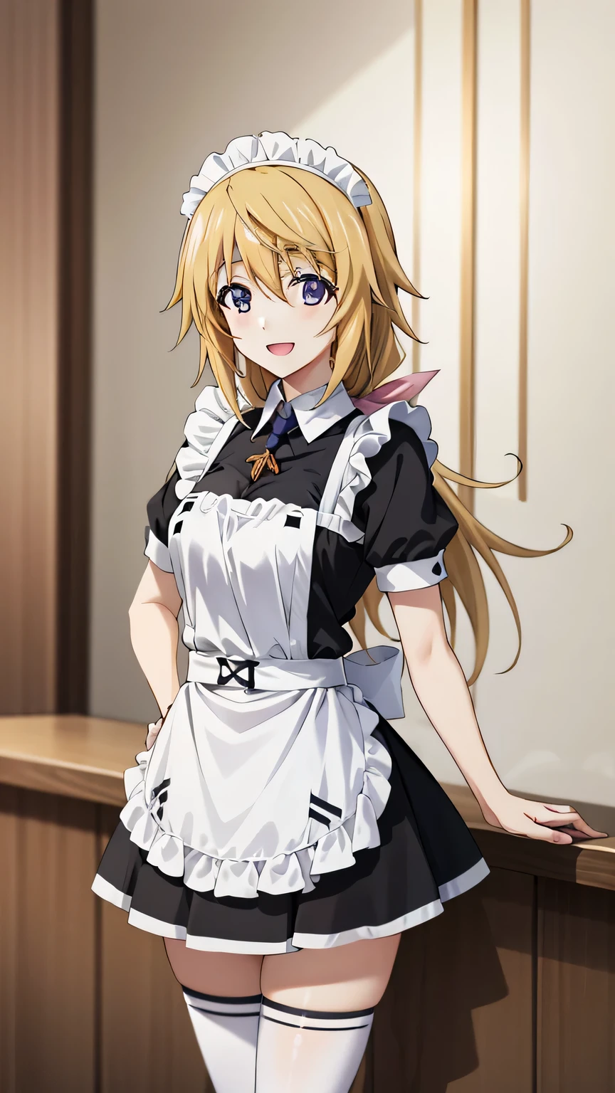 {{{masterpiece}}}, (best quality:1.5), (ultra-detailed:1.5), {illustration}, {{an extremely delicate and beautiful}}, (beautiful detailed eyes:1.6), absurdres, highres, extremely detailed face, 16k, hd, visual anime de uma jovem mulher, extremamente bonito rosto de anime, anime melhor garota, (perfect hands, perfect anatomy), anime face, sd1, charlotte dunois(Infinite Stratos), 1girl, solo, cute face, long hair, blonde hair, pink hair ribbon, hair between eyes, (purple eyes:1.2), ponytail, yellow pendant, medium breasts, big hips, curvaceous, BREAK, maid attire, (black maid outfit:1.2), short sleeve, short skirt, white apron, headdress, white collar, (white thighhighs:1.3), black shoes, thighs, zettai ryouiki, BREAK, standing, open mouth, flushed cheeks, sorriso alegre, smiling, open mouth, visual anime de uma jovem mulher, extremamente bonito rosto de anime, anime melhor garota, indoor, daytime, Cafe, peer in from below