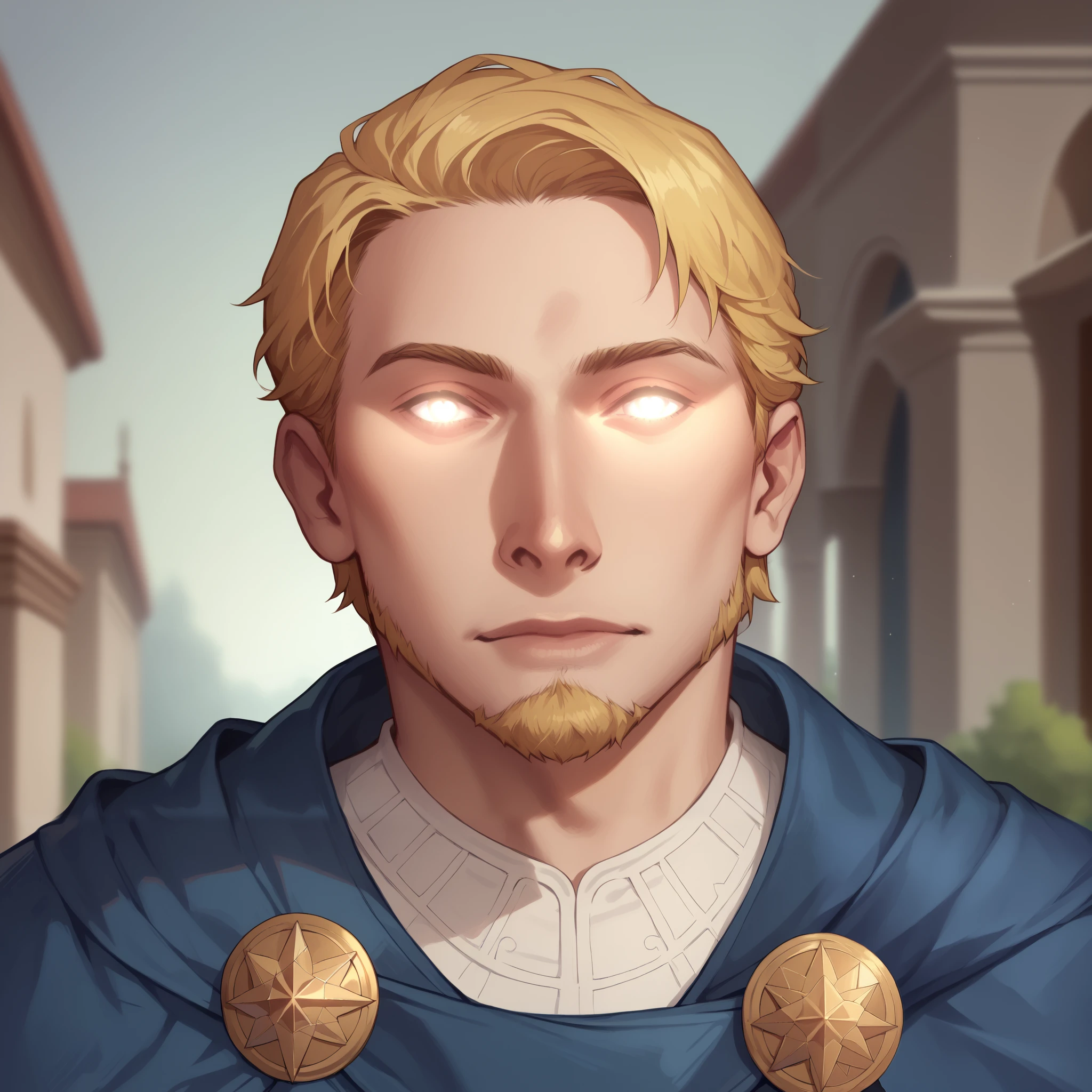 (((beautiful, high quality, comics style, detailed face))), score_9, score_8_up, score_7_up, masterpiece, best quality, unrealistically high details, extremely high quality, ultra-high detail, good anatomy, rating_explicit, perfect anatomy, anatomically correct hands:1.5, blurred background, DeepNegative_xl_v1, detailxl, zPDXL3, Score_PnyReal BREAK 1man, mature man, short hair, blonde hair, ((short beard over chin)), ((pale skin, shine)), glowing eyes, white eyes, fur mantel, fur cape, tunic ((light blue, fancy fabric)), armor, solo, portrait, upper body, portrait, facing viewer, fantasy outside, blurred background. (expressive face, expressive body, expressive emotions, dynamic pose, intense gaze, lively eyes, detailed facial expression, engaging presence)