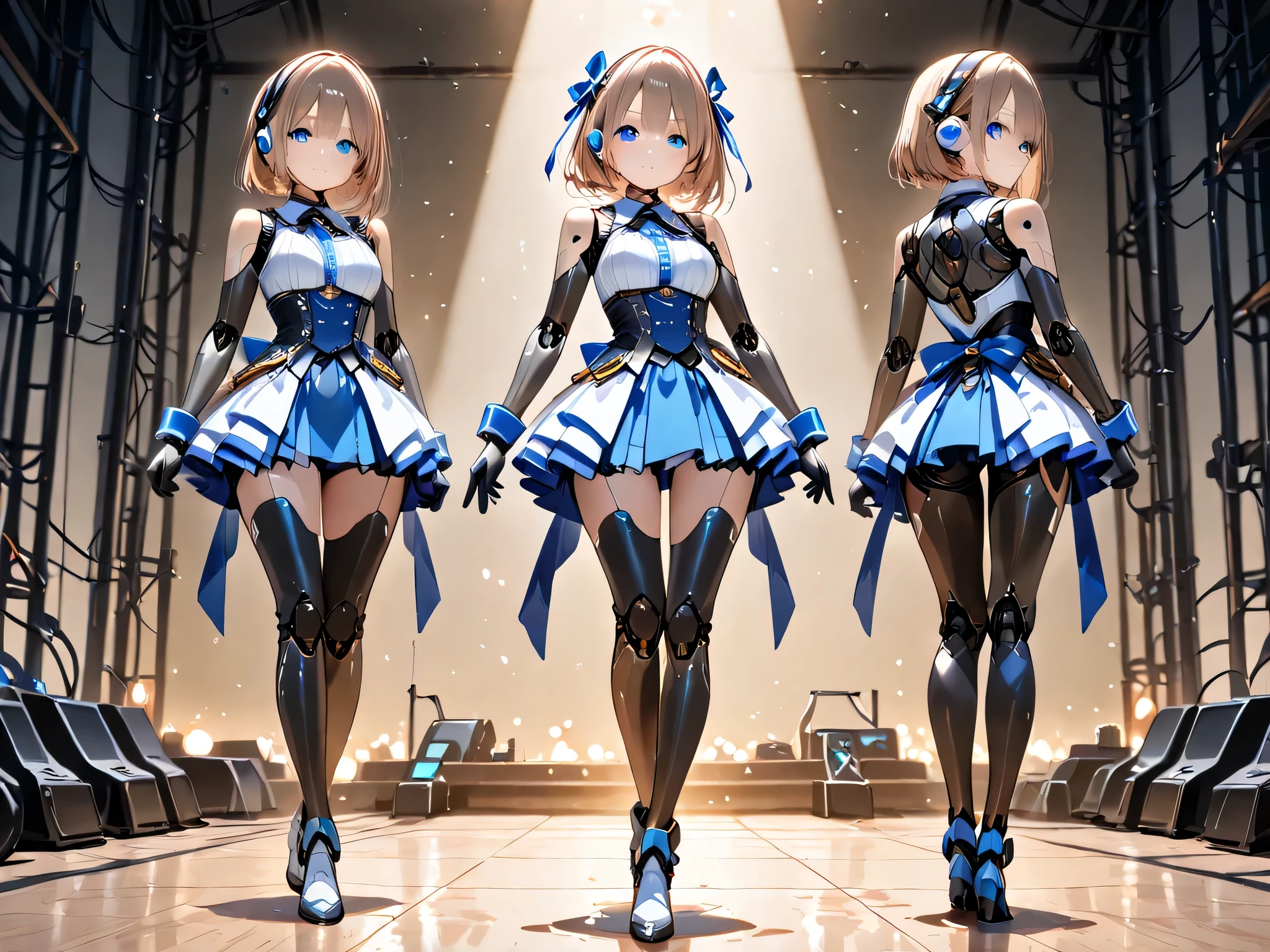 A maiden made of metal, dancing ballet, she is wearing a miniskirt, she is made of mechanical parts, carrying a huge key on her back, with her back to the camera, looking back, stage spotlights, overhead lights, a large metal ball made of mechanical parts flying out of her hand, the ball is made of many gears,