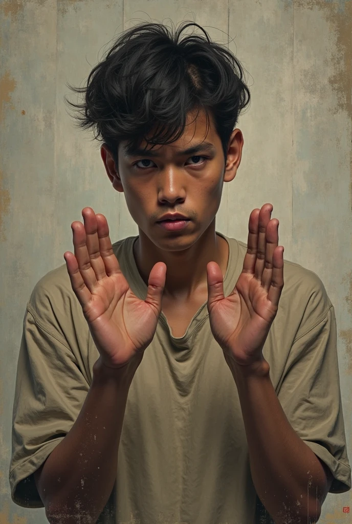 A thoughtful young man, around 18-25 years old, is shown in a contemplative pose, with a serious expression. He is breaking invisible chains or ropes around his wrists, symbolizing the act of breaking free from hypocrisy. The background is simple and neutral, with a subtle glow or light behind him to signify enlightenment or realization."