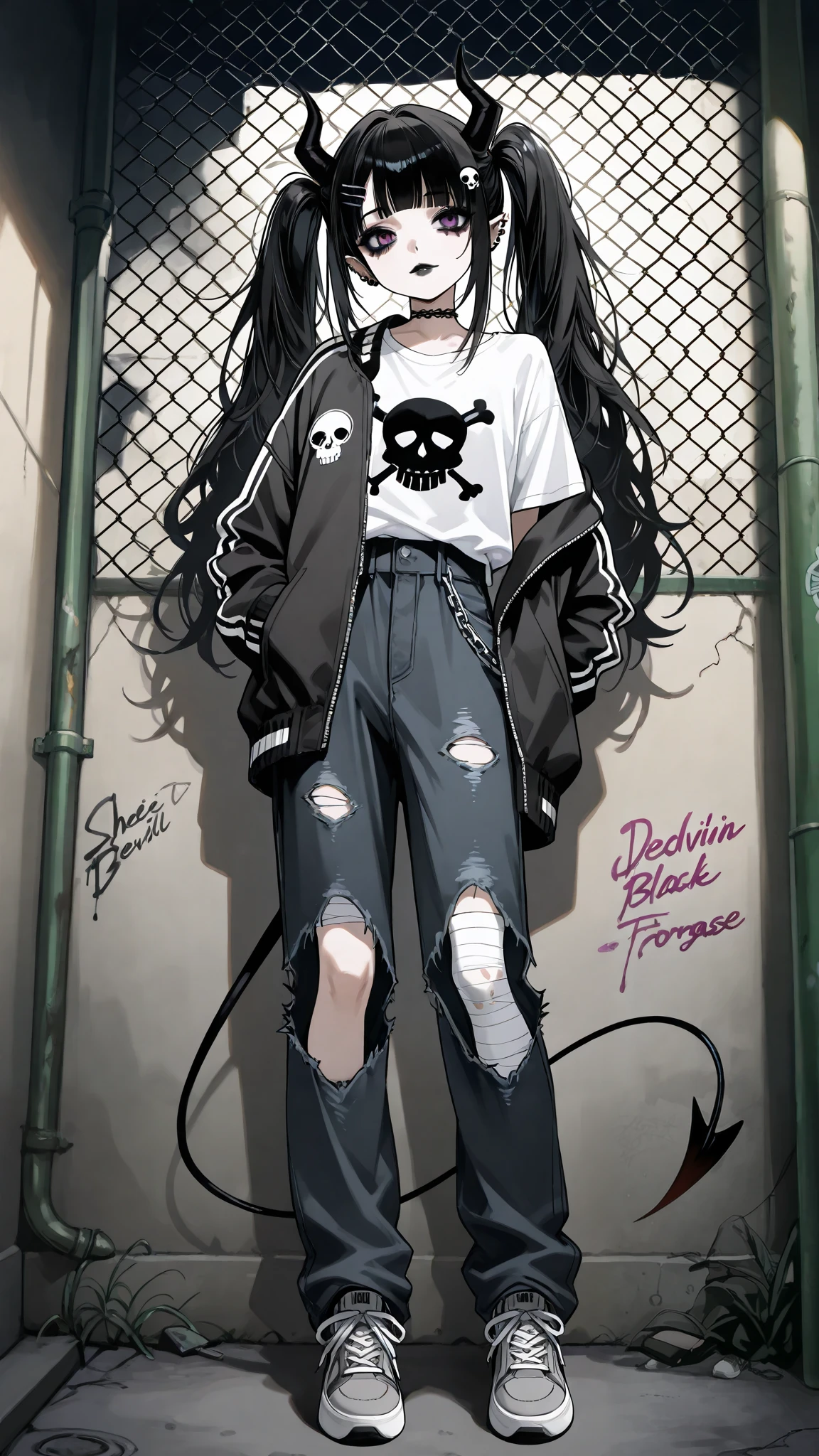 skinny tired girl is belong to emo/goth subculture. She has obsidian black scene hair with highlighted white strands, her hairstyle looks as a long emo bangs that hide half of her face, long hair gathered in two black high messy spiky long pigtails. She has a lot of hairpins and hair clips on her bangs. Her eyes are purple. She has black Gothic makeup: black lipstick,black eyeliner and leaking mascara, black eye shadow. She has a lot of piercings and tattoos. She is dressed in a gray torn brand T-shirt with a skull print or metallica band, a bomber sport-jacket, oversized jeans with ripped holes on her knees, and gray sneakers. Her palms is bandaged. on her forehead two obsidian black devil horns,behind her back devilish pointy tail. she is hanging around in an alley where the walls are covered with graffiti and the passage is twisted by a chain-link fence. on the background is fogy abandoned city.