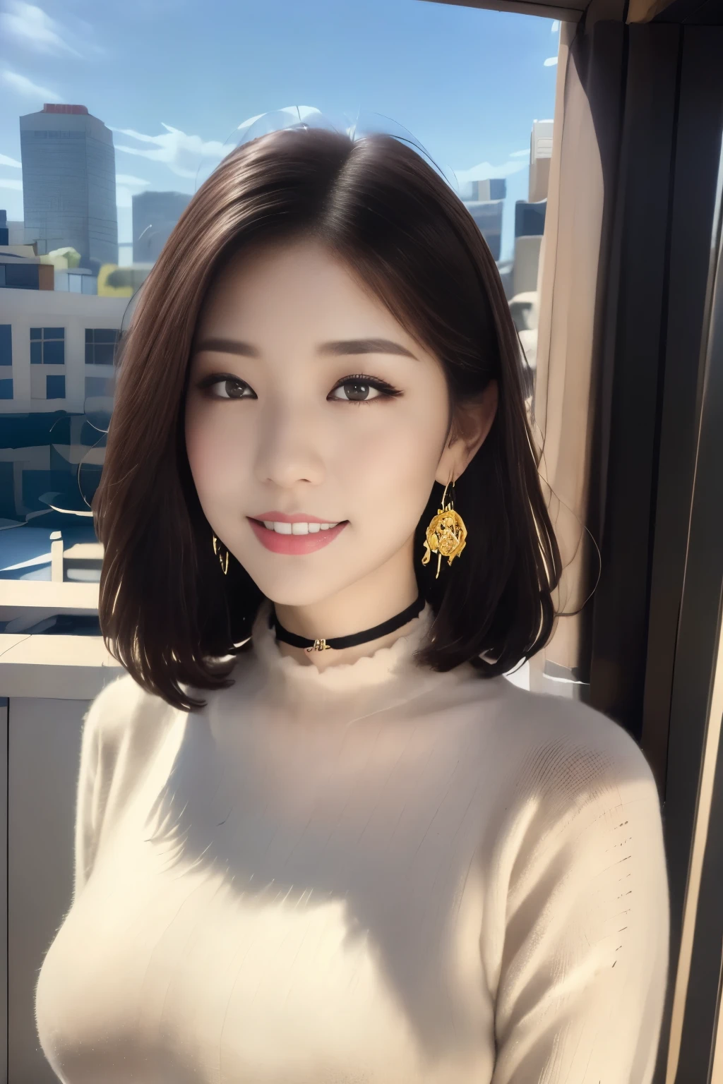 black hair, hair bobbles, longeyelashes, solid circle eyes, light smile, mole under eye, heart earrings, light smile, shy, puckered lips, Surrealism, drop shadow, stereogram, pov, atmospheric perspective, depth of field, first-person view, f/1.8, 8k, super detail, ccurate, best quality, highres, best quality,full body