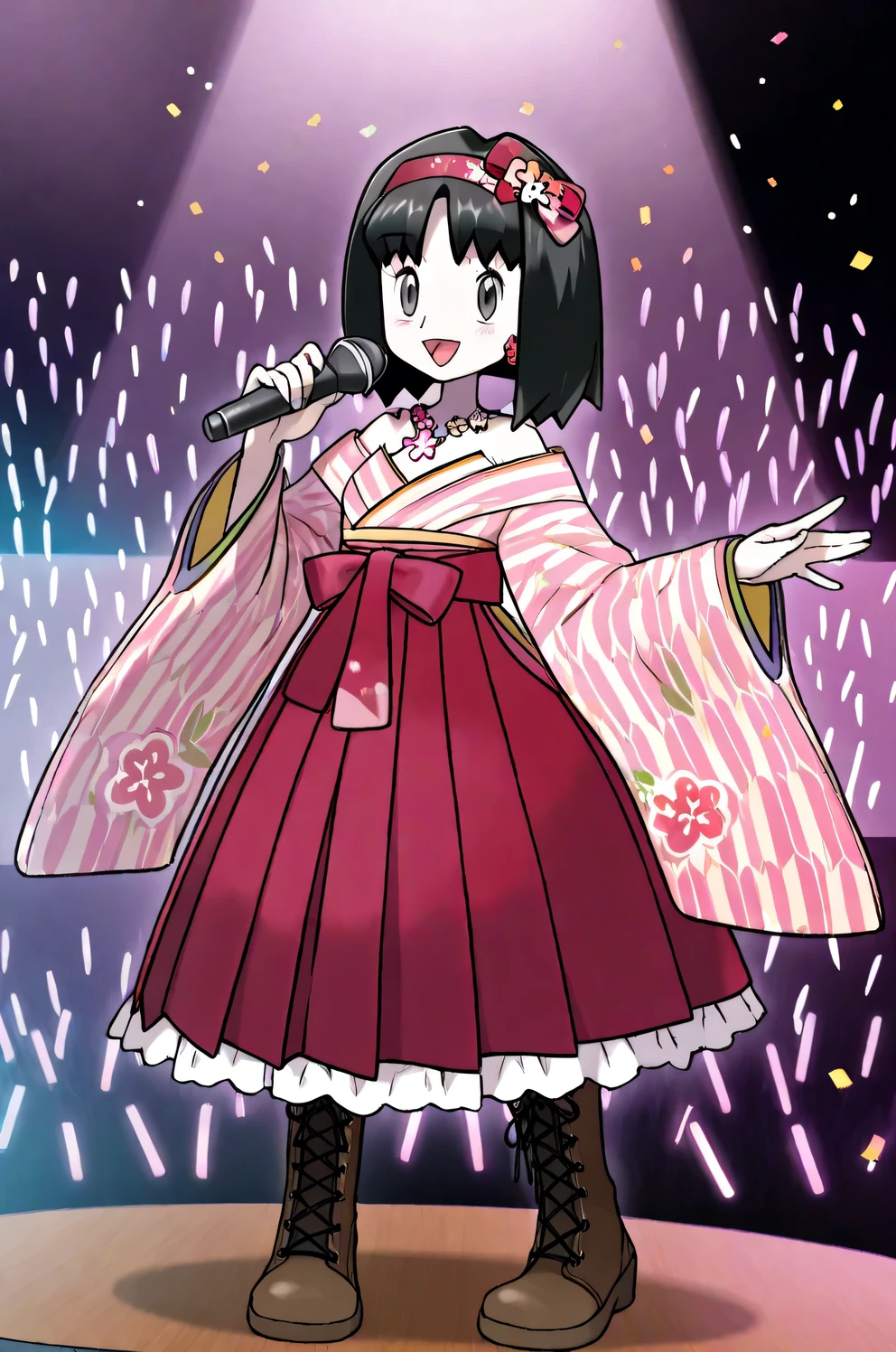 Erika_(pokemon), 1girl, solo, bob_cut, medium_hair, black_hair, parted_bangs, hairband, grey_eyes, eyelashes, japanese_clothes, kimono, pink_kimono, hakama, red_hakama, floral_print_kimono, frills, obi, pink_sash, sash, floral_print_sash, obijime, obijime, obiage, obidome, frilled_kimono, frilled_hakama, hakama_skirt, hakama_short_skirt, yagasuri, frilled_hairband, red_hairband, brown_boots, boots, standing, kimono_skirt, detached_sleeves, puffy_sleeves, layered_sleeves, frills, frilled_kimono, frilled_hakama, bare_shoulders, idol_clothes, idol, kimono_dress, print_kimono, multicolored_dress, multicolored_kimono, hair_bow, bow, red_bow, pearl_necklace, hair_flower, kanzashi, stage, microphone, holding_microphone, flower_ornament, flower_earrings, head_wreath, flower_bracelet, flower_necklace, confetti, singing, glowstick, spotlight, stage_lights, penlight_(glowstick), sparkle beautiful_detailed_eyes, full_body, smile, blush, happy, masterpiece, best_quality, intricate_details, absurdres, artist_sugimori_ken