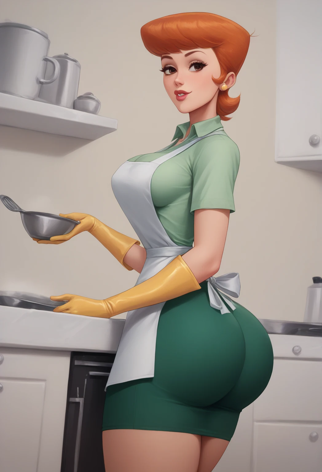 cowboy shot,from behind. looking at camera, dextersmom (gloves, apron, jewelry, pants, shirt), milf, masterpiece, best quality, highres, gigantic breasts, cleavage, skindentation, bursting breasts, sideboob, undersizedclothes, chubby,skindentation,curvy, plump, 1girl, solo focus, wide hips, detailed background, kitchen, morning, (insanely detailed, beautiful detailed face, masterpiece, best quality), fakebreasts, from center