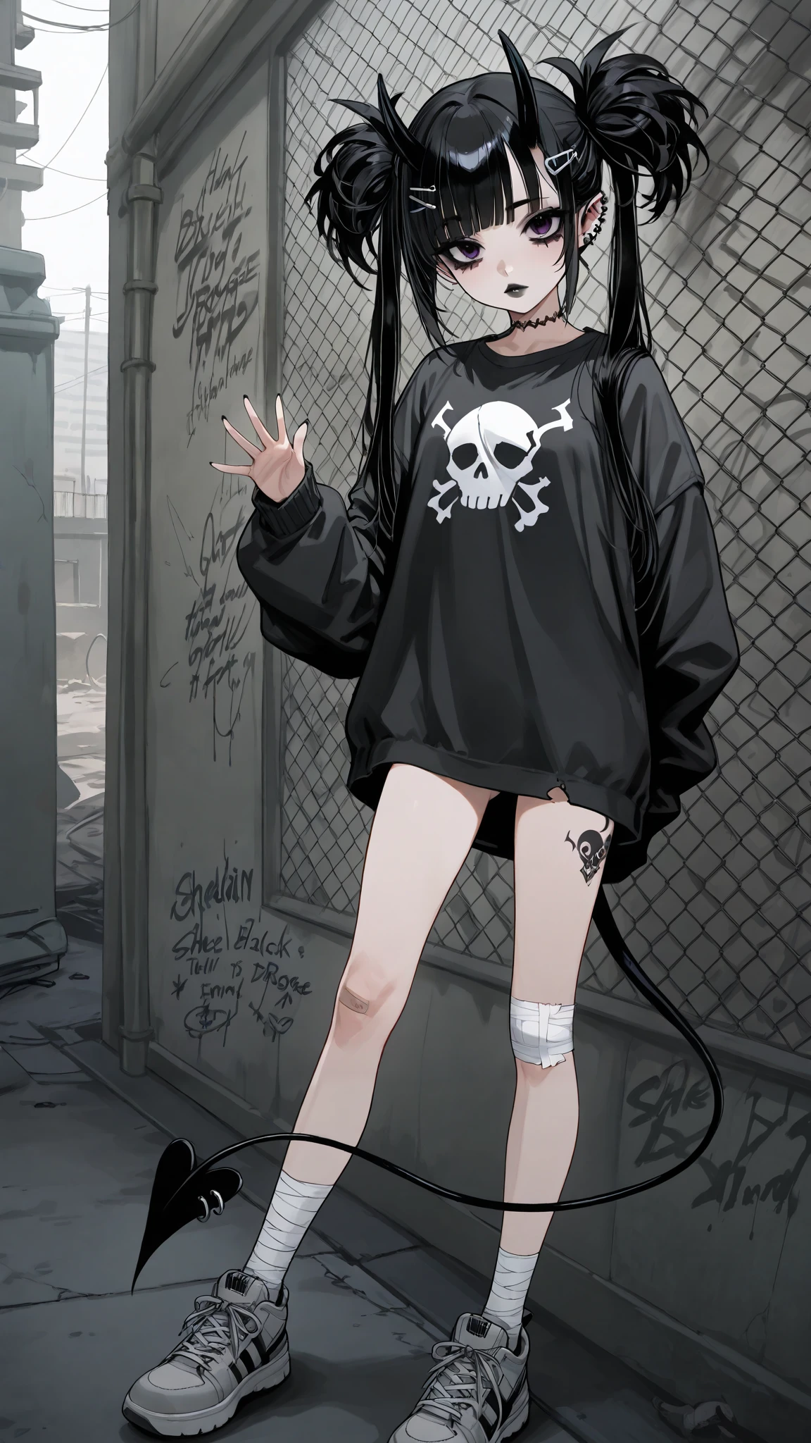 skinny tired girl is belong to emo/goth subculture. She has obsidian black scene hair with highlighted white strands, her hairstyle looks as a long emo bangs that hide half of her face, long hair gathered in two black high messy spiky long pigtails. She has a lot of hairpins and hair clips on her bangs. Her eyes are purple. She has black Gothic makeup: black lipstick,black eyeliner and leaking mascara, black eye shadow. She has a lot of piercings and tattoos. She is dressed in a gray torn brand T-shirt with a skull print or metallica band, a bomber sport-jacket, oversized jeans with ripped holes on her knees, and gray sneakers. Her palms is bandaged. on her forehead two obsidian black devil horns,behind her back devilish pointy tail. she is hanging around in an alley where the walls are covered with graffiti and the passage is twisted by a chain-link fence. on the background is fogy abandoned city.