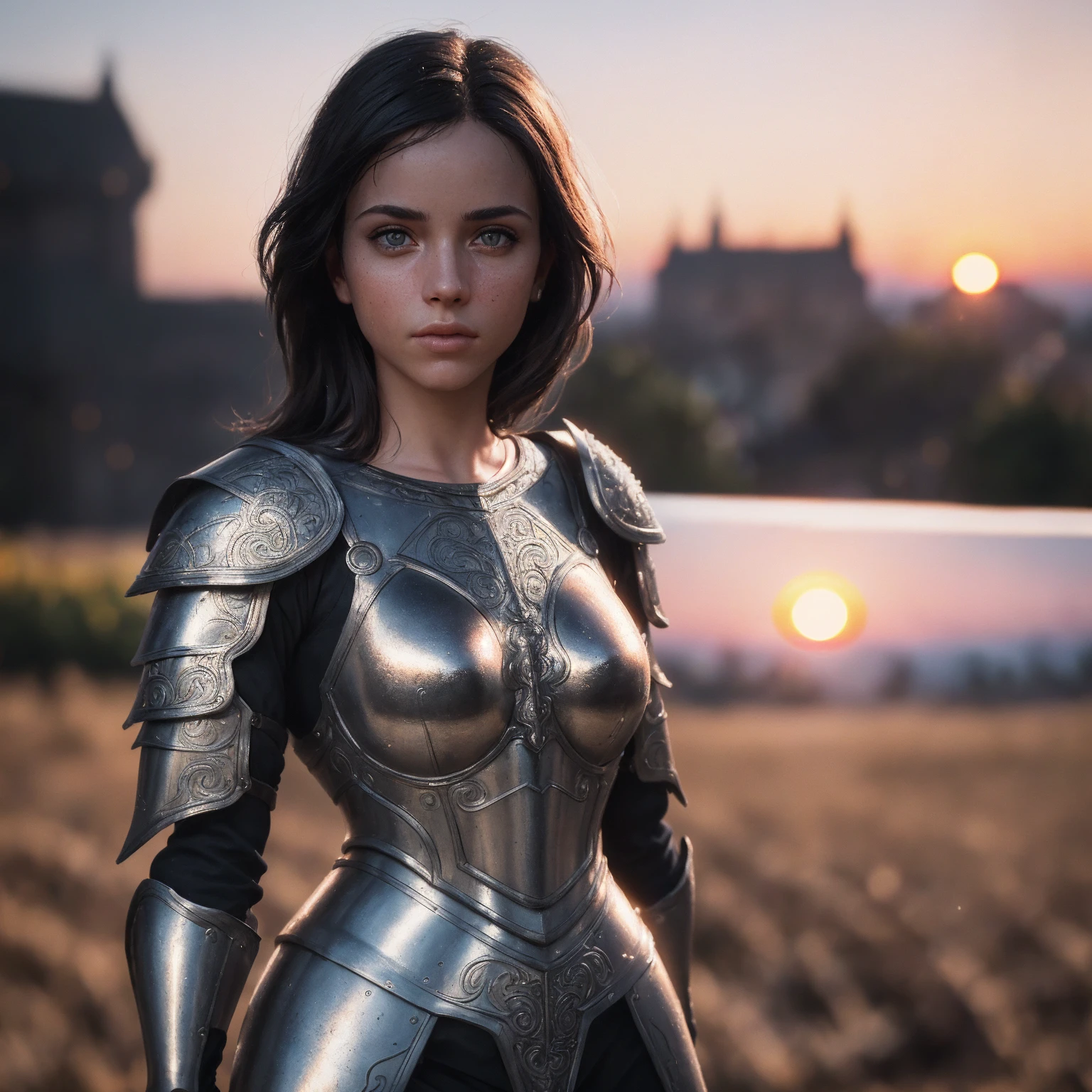 (masterpiece), (extremely intricate:1.3), (realistic), portrait of a girl, the most beautiful in the world, (medieval armor), metal reflections, upper body, outdoors, intense sunlight, far away castle, professional photograph of a stunning woman detailed, sharp focus, dramatic, award winning, cinematic lighting, octane render unreal engine, volumetrics dtx, (film grain, blurry background, blurry foreground, bokeh, depth of field, sunset, motion blur:1.3), chainmail