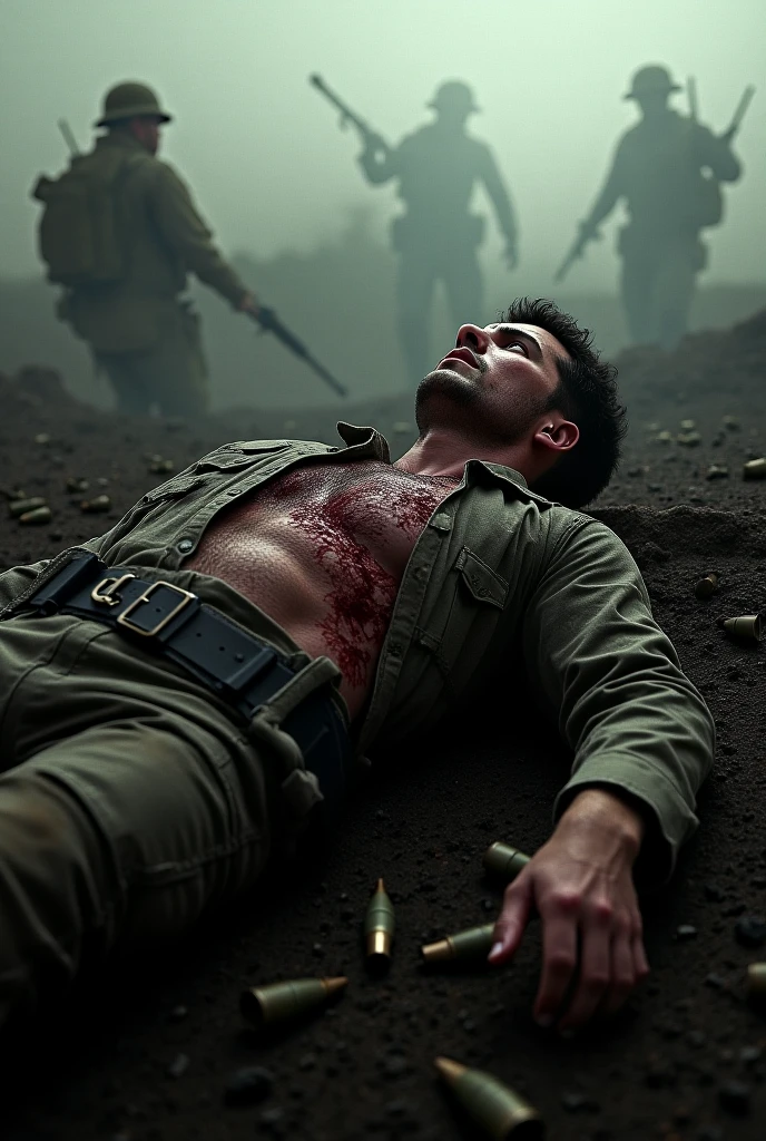 A view of upward of an wounded bloody soldier lying on grass. He's shot in his chest and his eyes are shut 
The atmosphere around him is pleasant and beautiful, some soldiers are standing far away