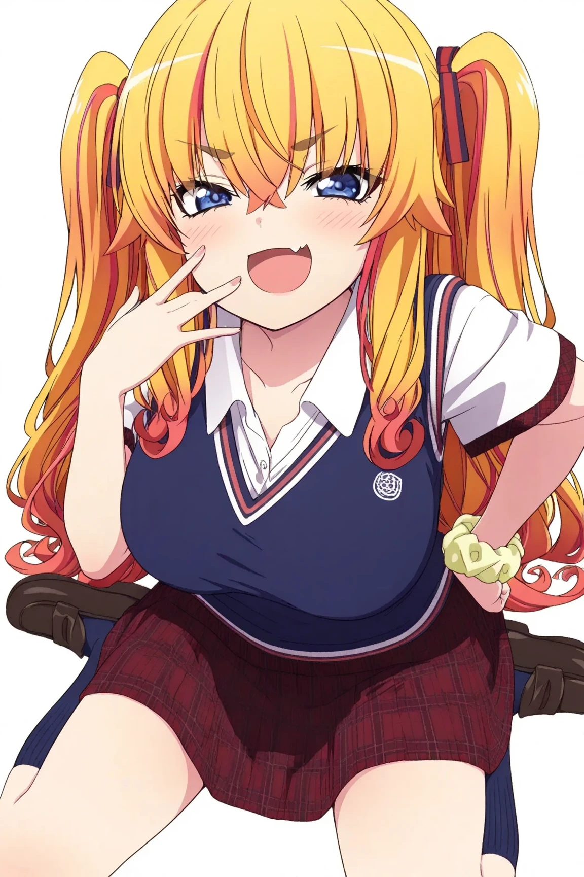 RED_Ribbon_on_HAIR_band,(nsfw:0.7),Masseter muscle part, highest quality, Super high resolution, highest quality, anime style, best lighting, beautiful face, masterpiece, 8K, High level image quality, High pixel count, 1 woman, 1 girl,solo, Blonde and red gradient hair, red eyes, A big smile, Full body Esbian, (Face-centric:1.1), facing the front, wearing a uniform, village background, countryside village, upper body, (White haori:1.2), (Medium breasts:1.1), WHITE tights, Chest opens:1.4,cleavage,cleavage cutout,hosimiya ichigo,,((((skirt lift)))),((Purple color panties)),(pointy_panties,from below),cameltoe
