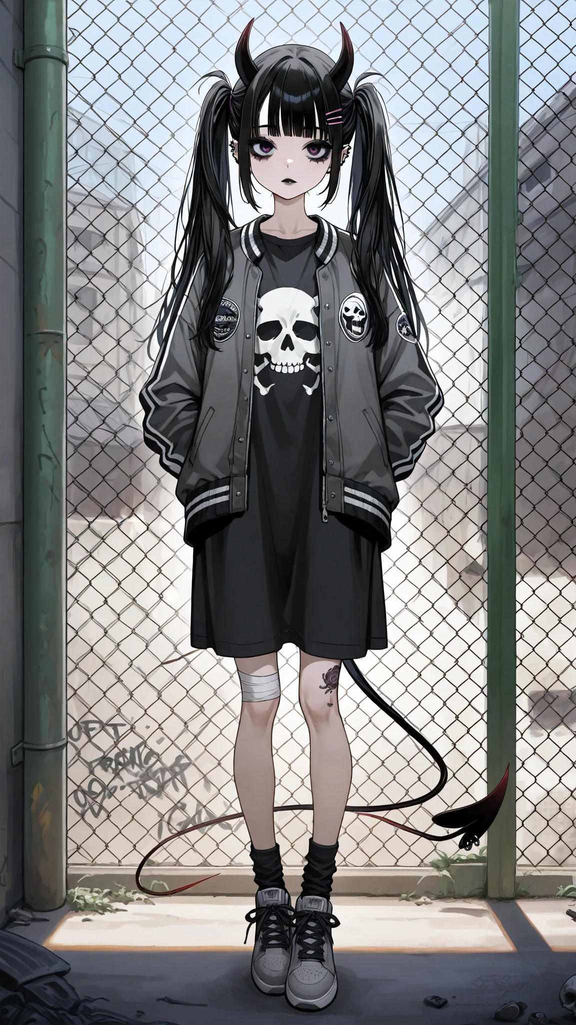 skinny tired girl is belong to emo/goth subculture. She has obsidian black scene hair with highlighted white strands, her hairstyle looks as a long emo bangs that hide half of her face, long hair gathered in two black high messy spiky long pigtails. She has a lot of hairpins and hair clips on her bangs. Her eyes are purple. She has black Gothic makeup: black lipstick,black eyeliner and leaking mascara, black eye shadow. She has a lot of piercings and tattoos. She is dressed in a gray torn brand T-shirt with a skull print or metallica band, a bomber sport-jacket, oversized jeans with ripped holes on her knees, and gray sneakers. Her palms is bandaged. on her forehead two obsidian black devil horns,behind her back devilish pointy tail. she is hanging around in an alley where the walls are covered with graffiti and the passage is twisted by a chain-link fence. on the background is fogy abandoned city.