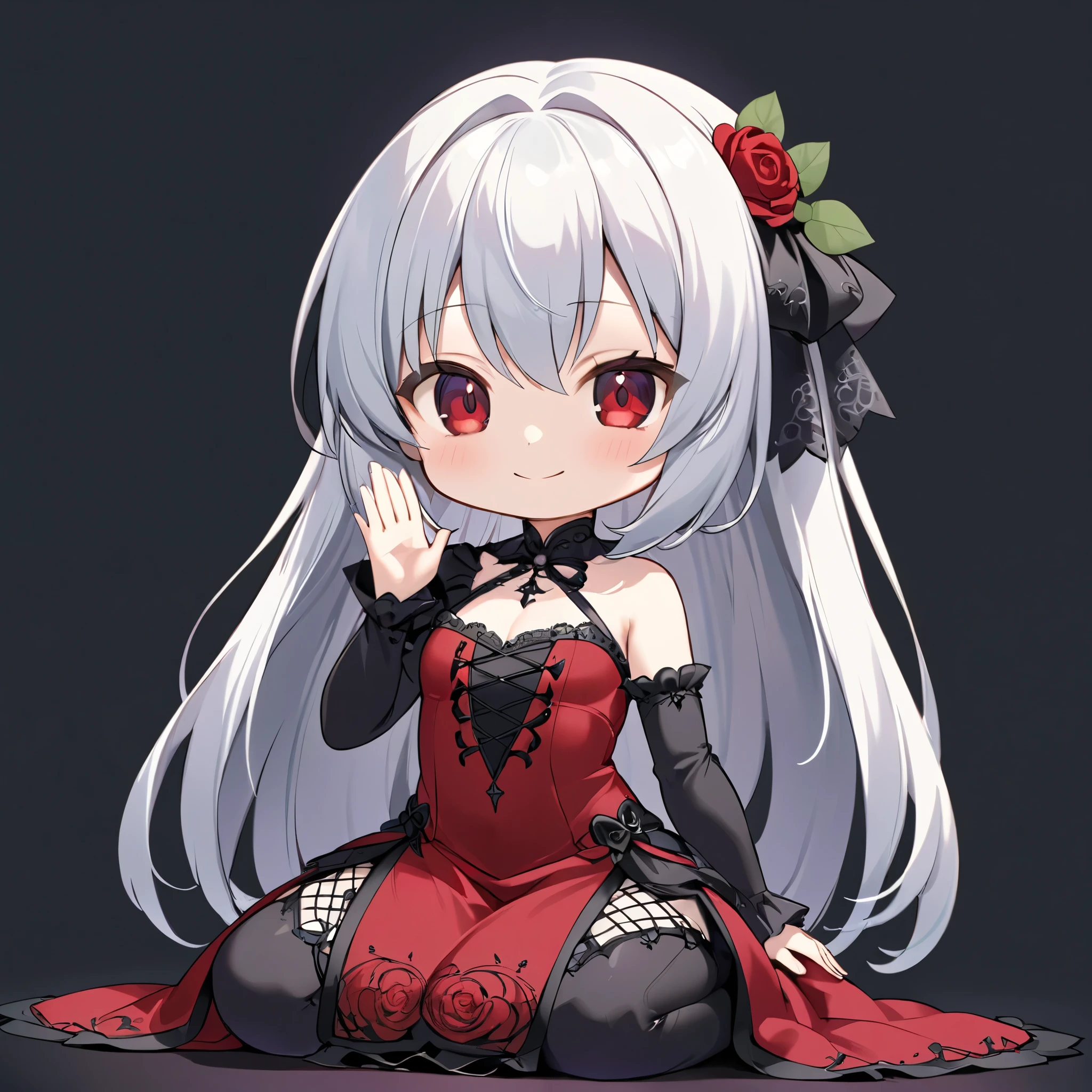 Gothic Maiden Anime Girl, beautiful charming anime girl,White-haired goddess, red eyes, red dress, alone, from the front, smile, chibi, ((seiza)), ((sitting)), One arm raised up, simple background