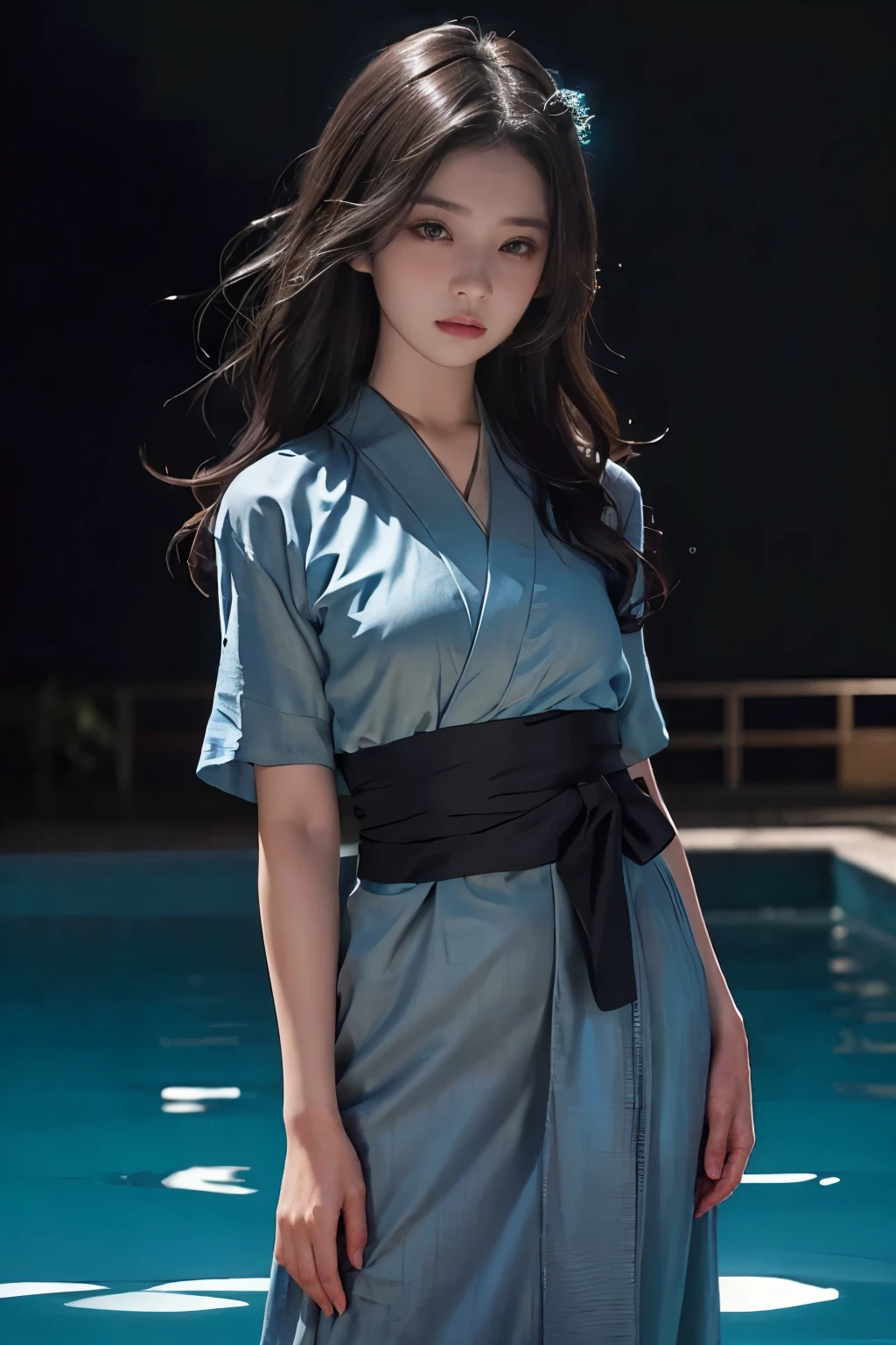 ((Best quality, 32K, Masterpiece :1.3)), Sharp focus:1.2 , Photorealsitic,(Cinematic lighting),Facial detail texture. Eye details, Double eyelids, Slender body,Super small breasts, , photo-realistic:1.37,Perfect eyes, ((1 girl in a pale blue yukata)),(white sash),(Thick fabric),((Ragged linen)),With a figure,brunette color hair,Long hair draped loosely,Qi bangs,Stand in a cold pool,short- sleeved,Exposing thighs,Full body like,Clothing covers the whole body,folds,((solid color backdrop)),is shy,Be red in the face,
