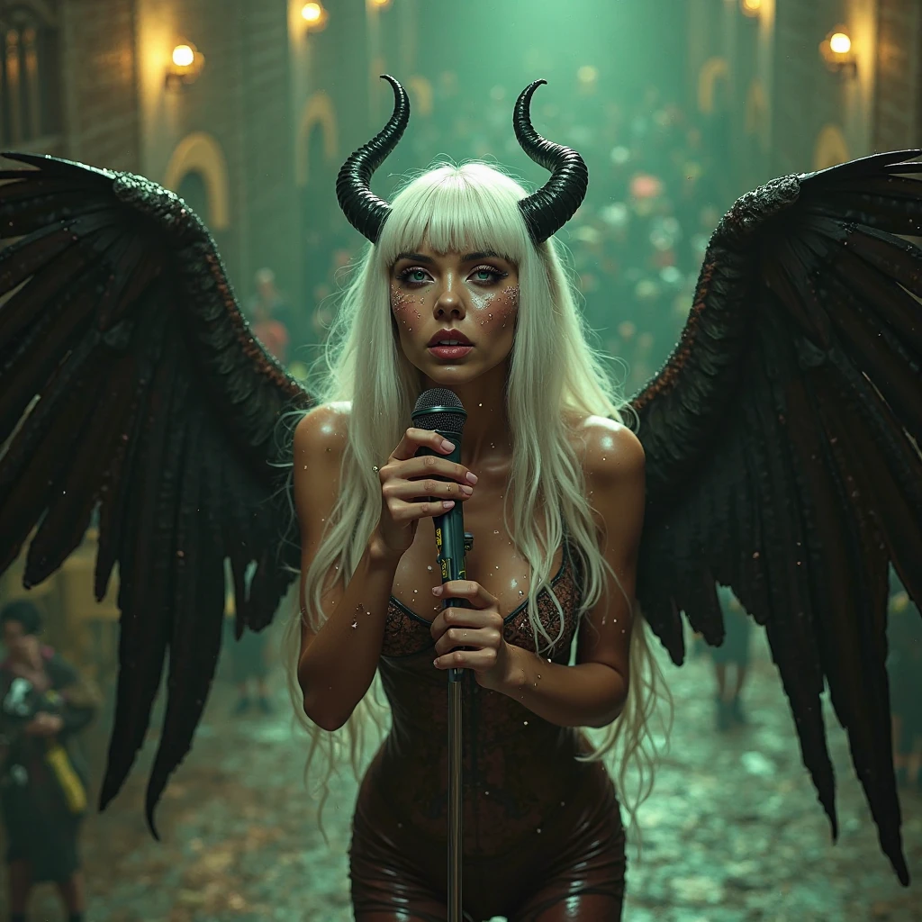 “Mumta, with iridescent wings that shimmer like stardust, prowls the neon-lit stages of distant planets. Her voice, a haunting blend of melancholy and rebellion, echoes through asteroid-filled arenas. Dressed in tattered leather and adorned with cosmic tattoos, she belts out lyrics that speak of love lost across galaxies. Fangs peek out from her crimson lips as she croons, captivating both mortals and extraterrestrials alike.” 🌟🎤🌌