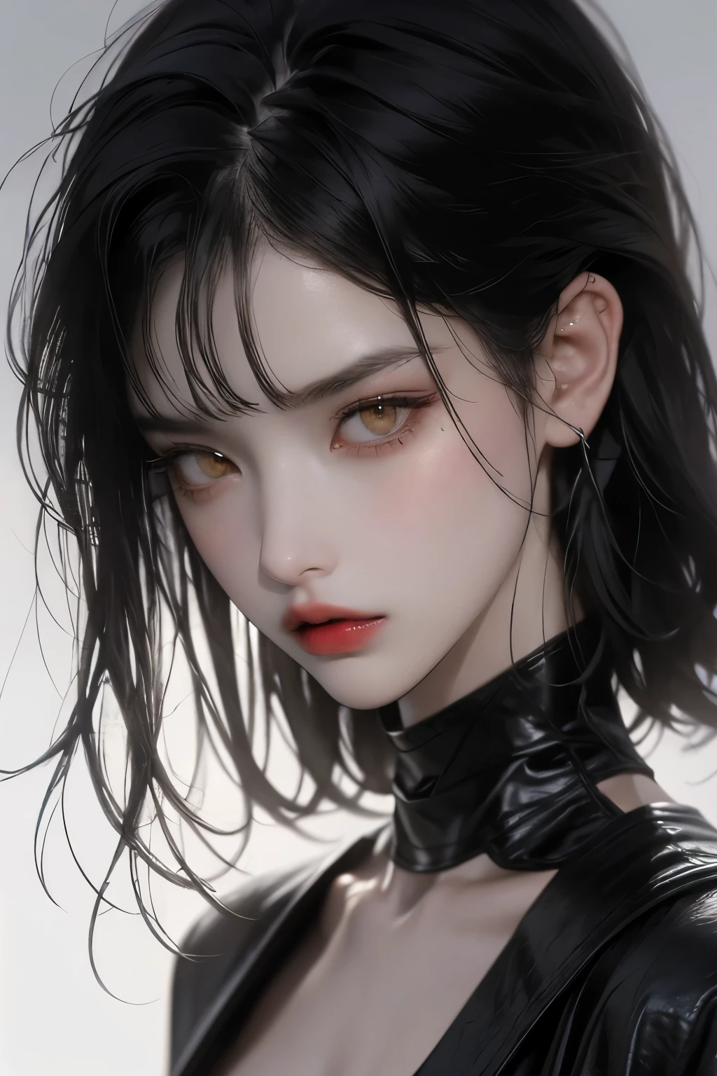 1girl, half body, apocalypse background, High Resolution, Breasts, yellow eyes, long gray hair, slightly parted lips, hair in the wind, black fitted leather, sexy, torn clothes, no headwear, X Hair Ornament, , Empty Eyes,