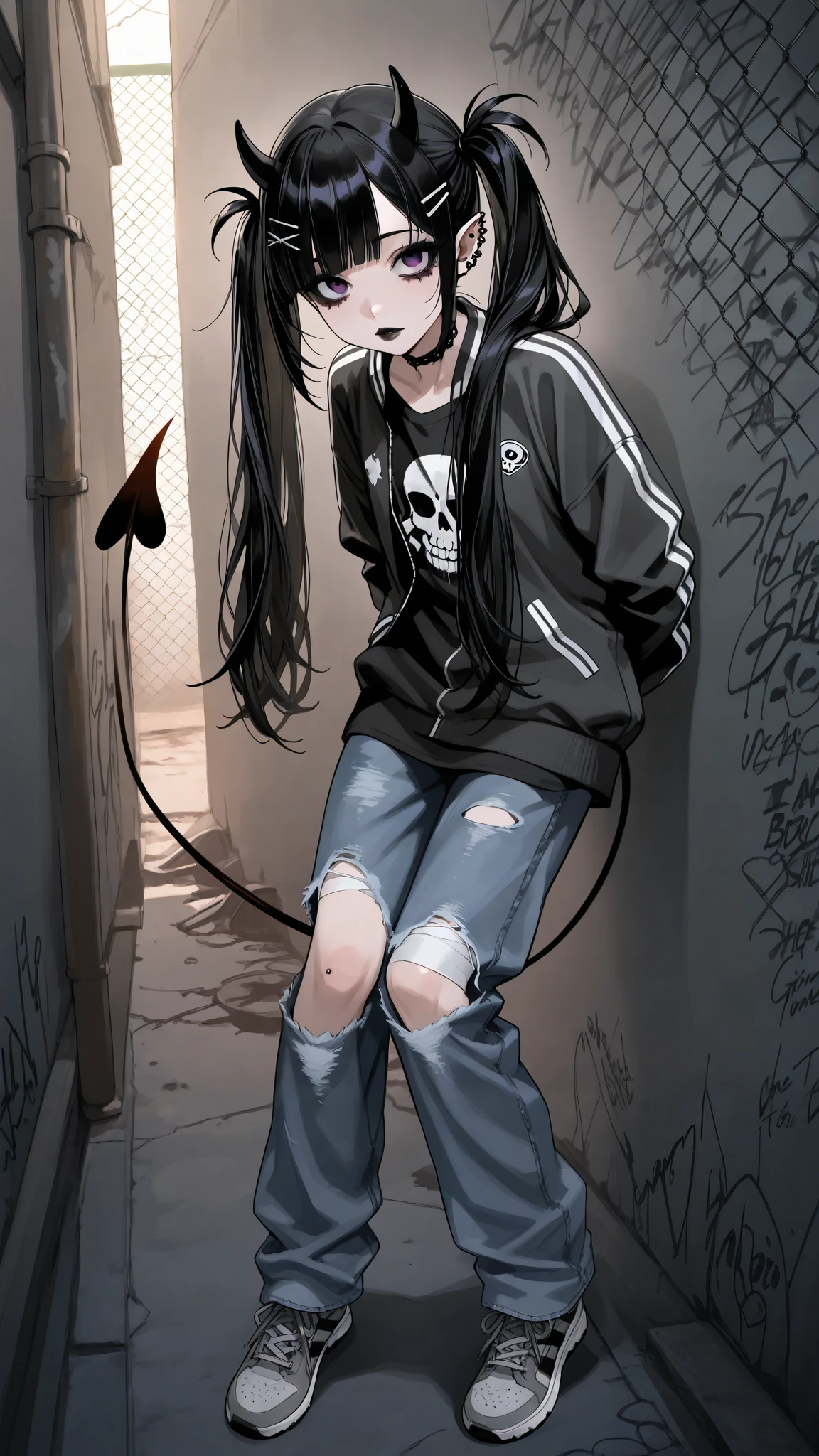 skinny tired girl is belong to emo/goth subculture. She has obsidian black scene hair with highlighted white strands, her hairstyle looks as a long emo bangs that hide half of her face, long hair gathered in two black high messy spiky long pigtails. She has a lot of hairpins and hair clips on her bangs. Her eyes are purple. She has black Gothic makeup: black lipstick,black eyeliner and leaking mascara, black eye shadow. She has a lot of piercings and tattoos. She is dressed in a gray torn brand T-shirt with a skull print or metallica band, a bomber sport-jacket, oversized jeans with ripped holes on her knees, and gray sneakers. Her palms is bandaged. on her forehead two obsidian black devil horns,behind her back devilish pointy tail. she is hanging around in an alley where the walls are covered with graffiti and the passage is twisted by a chain-link fence. on the background is fogy abandoned city.