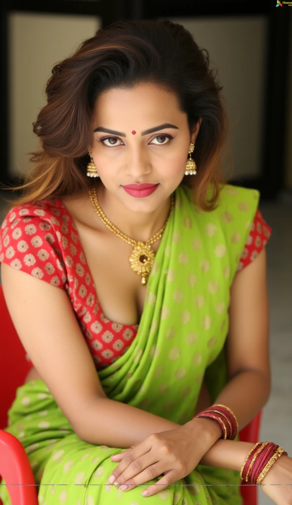 a close up of a woman in a sari sitting on a couch, front facing, with a smile, indian goddess, provocative indian, indian, simple smile, profile image, cute smile, seductive pose , beautiful face , exotic, revealing, hyper-realistic, super detailed smiling , indian brown girl , realistic Raw photo , wearing necklace , lighting on full body , wearing bangles , wearing Bindi, earrings , exposing inner wear, lovely woman, seductive lady, sexy girl, office, curvy, age 25, realistic,