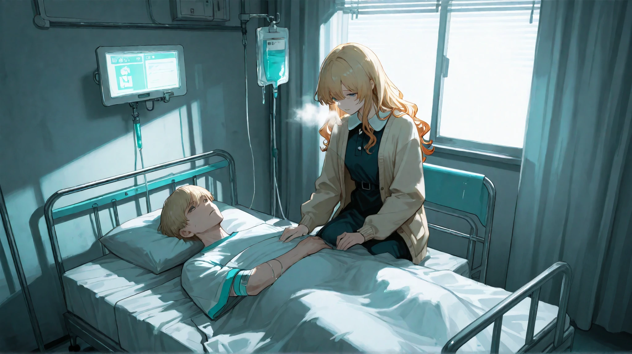 *A quiet hospital room with dim lighting. A man with short blonde hair lies on a hospital bed, covered with a thin white blanket. His body appears weak, and his breathing is shallow. Medical equipment stands nearby, with an IV drip connected to his arm. The bed sheets are neatly arranged, and the sterile scent of the hospital lingers in the air.
Beside the bed, a woman with long wavy auburn hair sits on a chair. She wears a soft cardigan over a simple dress. One of her hands lightly rests on the bed near his arm, while the other is clenched in her lap. Her posture is tense, as if she is uncertain or lost in thought.
The only sounds in the room are the rhythmic beeping of the heart monitor and the faint hum of fluorescent lights. The atmosphere is heavy, filled with an unspoken past and the weight of unresolved emotions.*