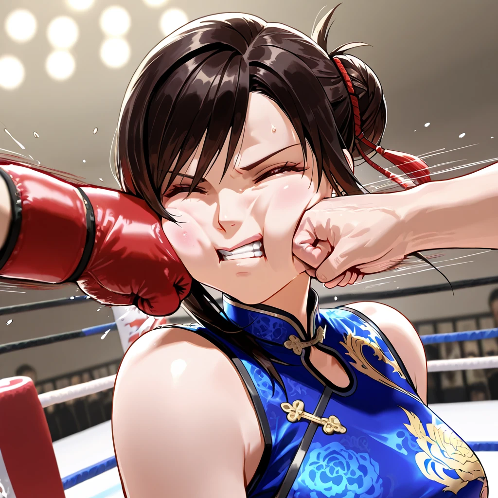 Boxing action Two women in Chinese dresses are boxing in the ring. The woman on the right hits the woman on the left in the cheek.. The woman on the left has her right eye closed, opening her mouth, and sweat.