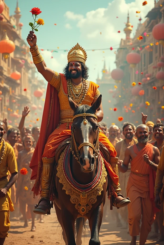 A hyper realistic macro, detailed image of A tamil king wearing golden dhoti is riding a two horsed chariot on palace road