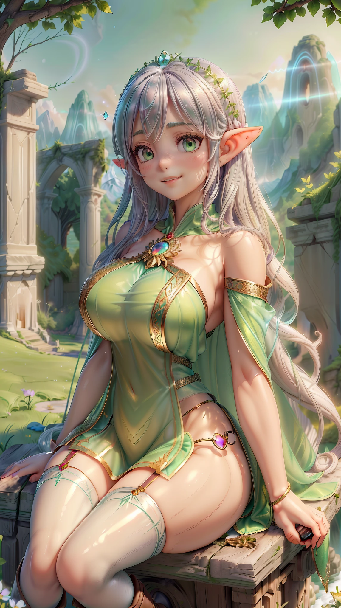 Ultra-realistic rendering, hyper-detailed, cinematic lighting, masterpiece quality, 8K resolution, photorealistic textures, intricate details, vivid colors, highly polished, professional artwork, score_9, score_8_up, score_7_up, source_anime. (((A breathtaking depiction of Frieren from Frieren: Beyond Journey's End, an ancient and enigmatic elven mage with long, flowing silver hair shimmering with a soft, ethereal glow, cascading gracefully down her back and over her shoulders, a few strands gently framing her delicate, timeless face, her pointed elven ears peeking through))). (((Her body is flawlessly sculpted with an exaggerated hourglass figure, featuring very big breasts subtly outlined beneath her tunic, and a very big, rounded ass accentuated by her relaxed stance, her skin slick and glossy with a thin layer of mystical oil, reflecting light with a serene, otherworldly sheen))). ((Her emerald-green eyes glimmering with quiet contentment and a hint of nostalgia, lips curved in a faint, peaceful smile, radiating an aura of timeless wisdom and gentle melancholy)). ((She is posed sitting serenely on the edge of an ancient stone well, one hand resting on her wooden staff leaning against her shoulder, the other holding an open, weathered spellbook, a faint breeze rustling her hair and cloak, exuding an air of tranquil reflection and arcane mastery)). (The background is a sunlit, overgrown meadow at midday, with crumbling stone ruins half-covered in ivy, wildflowers blooming in vibrant hues, and a distant snow-capped mountain under a clear blue sky, creating a peaceful, timeless atmosphere). (She wears her standard outfit: a white tunic with gold trim, layered beneath a flowing green cloak fastened with a red gem brooch, paired with dark shorts, brown boots, and striped stockings), embodying her eternal journey and understated elegance as a mage beyond time.