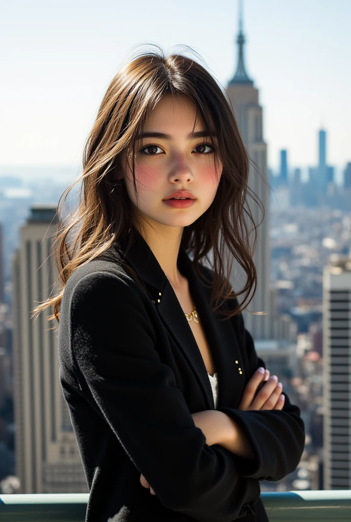 (8k, RAW Photos, 最high quality, masterpiece: 1.2), (Realistic, photoRealistic: 1.37), 1 Woman in a suit standing on the sidewalk, Cityscape, Day, Sunny Morning, Professional Lighting, Photon Mapping, Radio City, Brazilian Women, Torn, shirt, Woman in a suit, Silk Suit, masterpiece, 最high quality, high quality, High resolution, Big Tits, ((Face close-up)),