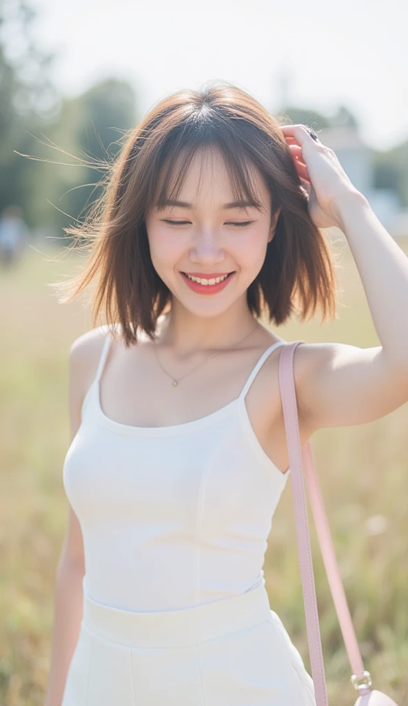 Neat college girl, petite person, (long white silk camisole, white panties), outside the athletic field, (slim, small, flat, small), photorealistic, detail, skin texture, ultra detail, delicate sexy collarbone, smile, super detailed face, detailed lips, detailed eyes, double eyelids, 10 year old girl