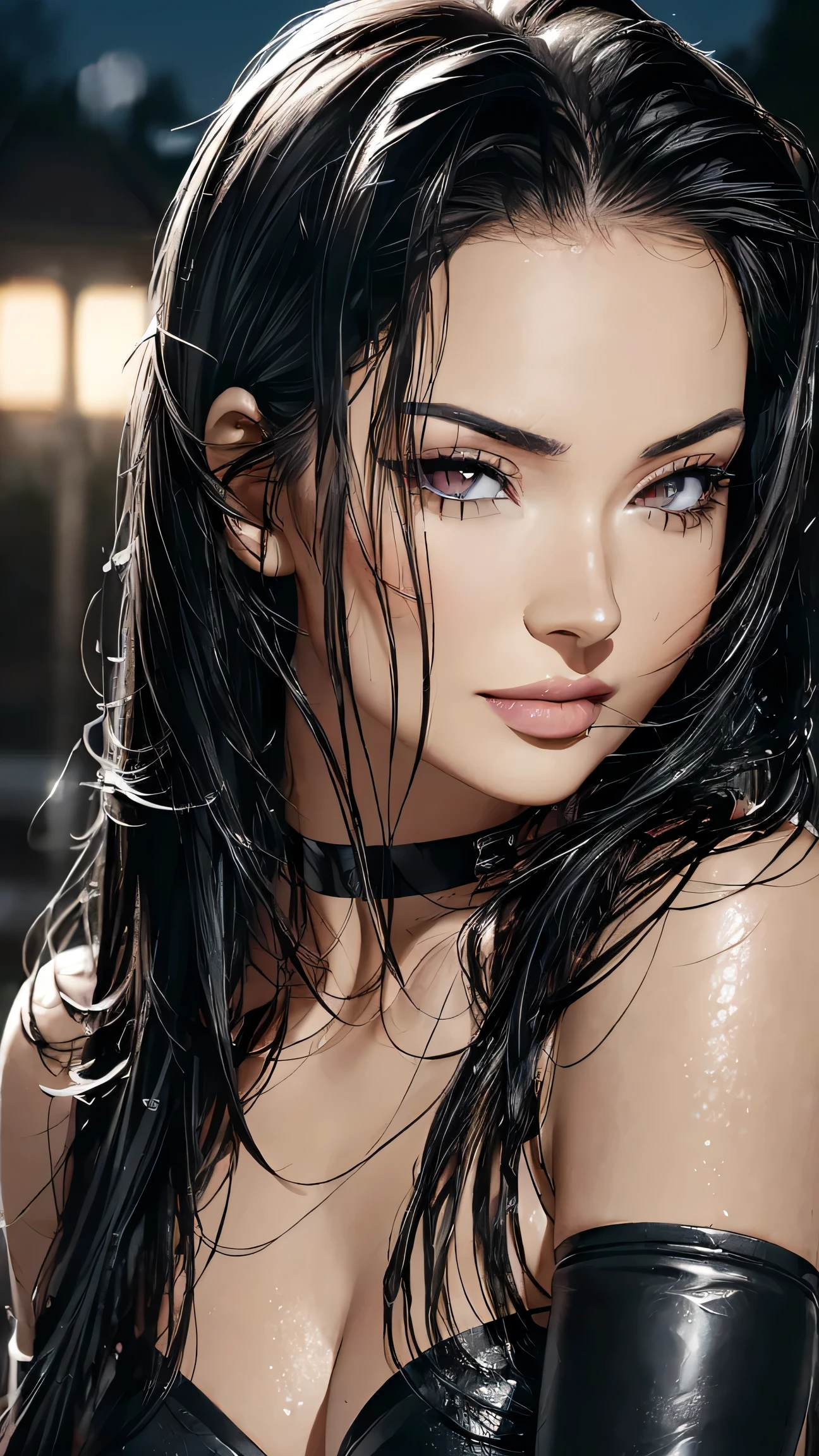 Best picture quality, masterpiece, ultra high resolution, (fidelity:1.4), photo, 1 beautiful woman, wet black shirt, shorts,cinematic, torn clothes, wet clothes, bare shoulders, real rain, wet hair,..