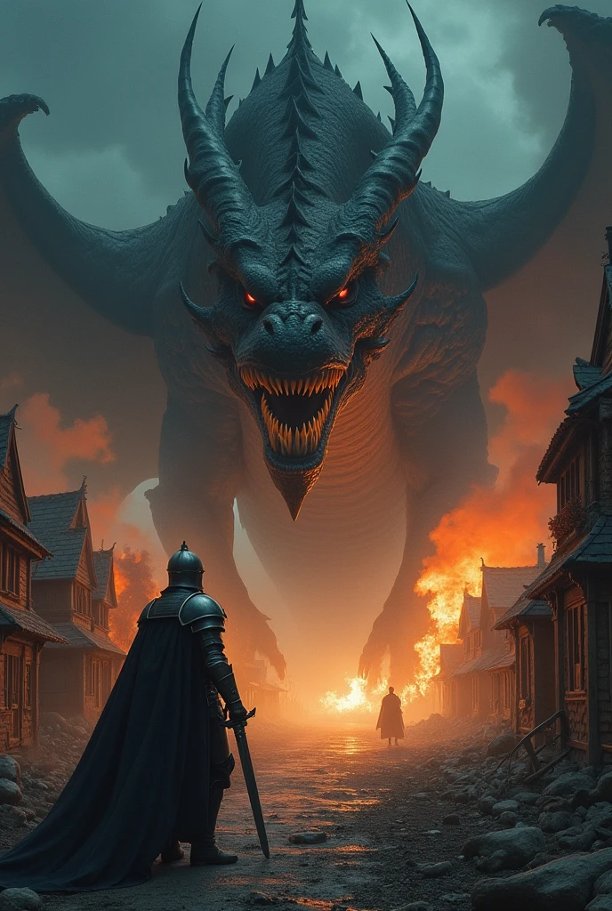 A dark dragon devastating a village with its flames with the legend "I AM SIR VICTOR'S PET "