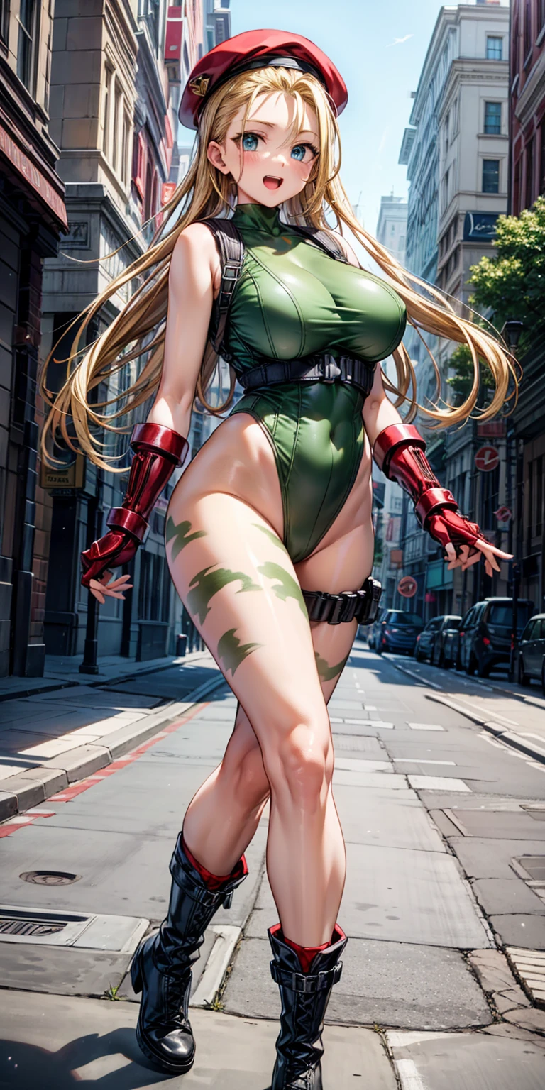 masterpiece, 4K, expensively detailed, Cammy de Street fighter, Looking into the camera, blue eyes, Platinum blonde hair in long pigtails、Short bangs that reach the forehead。, Titis is cute, Cammy, ((scar on his left cheek)), 軍人に扮した美しいwoman ((Green thong class leotard with a delta red triangle on the left breast)), ((Military Tactical Strela)), (((He is wearing a red military beret on his head..))), Black combat boots and red gauntlets, (His legs are sparsely painted with green camouflage...), Clear bust, Smile at the audience, More information, (Every pixel counts、Draw the most beautiful and detailed art possible:1.1), Analog Style, Bright colors, Symmetric, in the center, close, woman, Physical ability, fit, Tight waist, expensive, Sunburned skin, [(Colorful explosion psychedelic paint colors:1.1)::0.125], Realist body proportions, Realist, photo-Realist, 8K, expensively detailed, LED Light, Laser light,fruit flavored, (Pit Baby:0.5), Shiny,Anatomically correct, Symmetrical anatomy、Beautiful hands and feet、