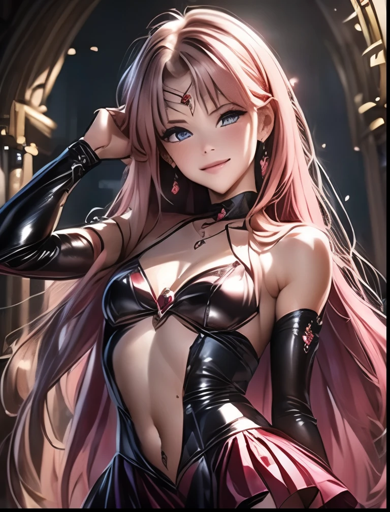 young girl, long pink hair, elf ears, red eyes, pink lipstick, crazy smile, small breasts, open shoulders, open belly, black mantle, long sleeves, claws, Shorts, Masterpiece, hiquality