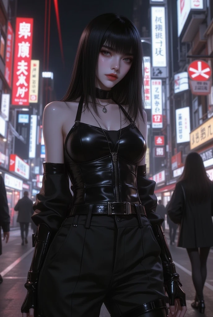 masterpiece, Best Quality CG Unity 8k Wallpapers, 1 girl, white long hair, red eyes, black lips, City of night