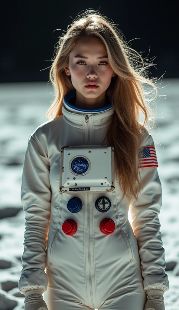 Fine art photography, (amateur photo), (analog photo:1.2,film grain),(a close-up girl in a wasteland, blonde messy bun, explorer suit, alien planet, space, starfield, ???, Alpine Meadow),vivid colours,realistic,photographic, (natural colors, correct white balance, color correction, dehaze,clarity), background rich in details, conceptual image,masterpiece, award winning photography