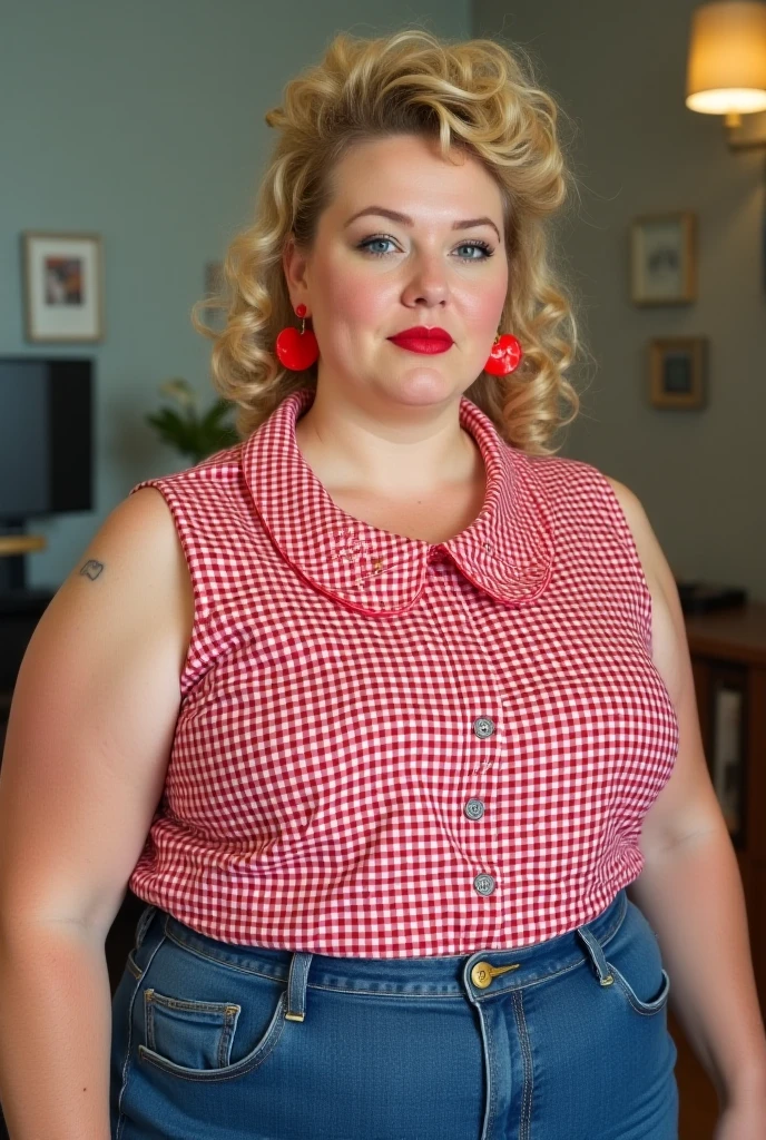 Sexy curvy busty mature woman in colorfull apron showing cleavage, full body , side view