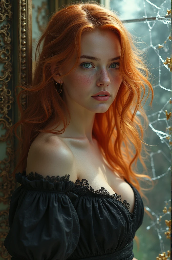 (solo, full body photo:1.3), (action packed:1.3), (haze, fog, mist:1.3), chiaroscuro, best quality, photorealistic, 1woman, (cute), (24yo:1.2), redhead, long ginger hair highly detailed, 1700'S, digital photography, art by artgerm and ruan jia and greg rutkowski surreal painting gold butterfly filigree, broken glass, (masterpiece, sidelighting, finely detailed Fashionable eyes: 1.2) (perfect oval large eyes that gazes at the viewer), beautiful detailed face, blue gorgeous perfect eyes, (blonde hair ponytail), (attractive young woman:1.3), (thick amazing hair), (seductive:1.1), (blushing:1.1)
