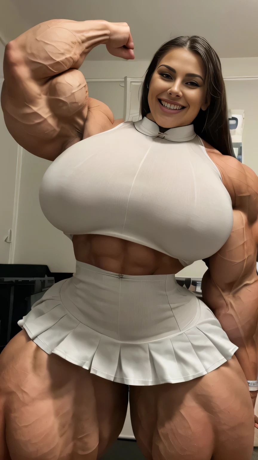 A military, action movie poster of a beautiful, huge, enormous, buff, giant, single Female bodybuilder, muscle goddess, huge arms and huge legs, giant boobs, enormous muscles, big beautiful eyes, with long dark hair, wearing reading glasses, holding an assault rifle, machine gun, photorealistic