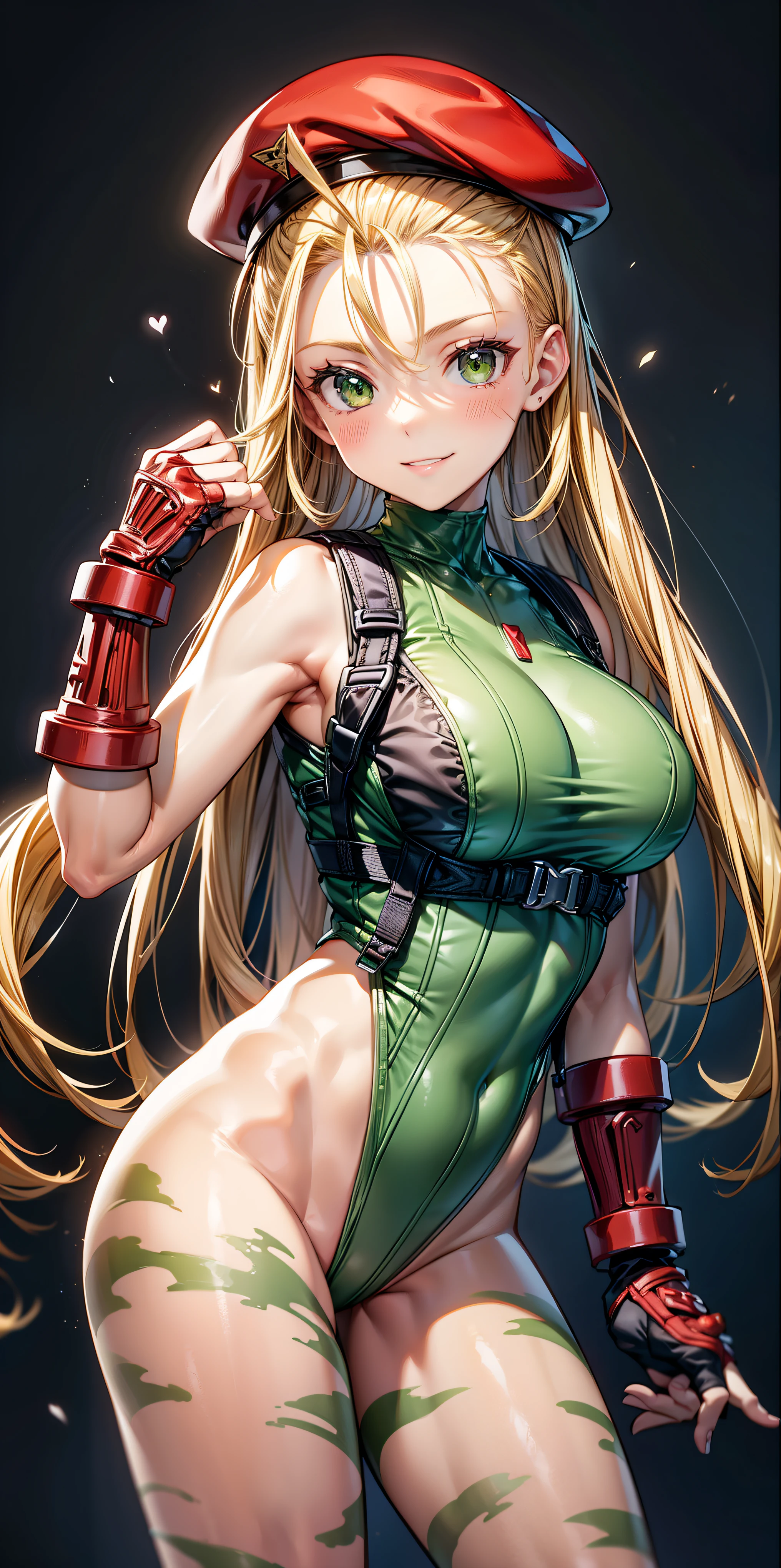 masterpiece, 4K, expensively detailed, Cammy de Street fighter, Looking into the camera, blue eyes, Platinum blonde hair in long pigtails、Short bangs that reach the forehead。, Titis is cute, Cammy, ((scar on his left cheek)), 軍人に扮した美しいwoman ((Green thong class leotard with a delta red triangle on the left breast)), ((Military Tactical Strela)), (((He is wearing a red military beret on his head..))), Black combat boots and red gauntlets, (His legs are sparsely painted with green camouflage...), Clear bust, Smile at the audience, More information, (Every pixel counts、Draw the most beautiful and detailed art possible:1.1), Analog Style, Bright colors, Symmetric, in the center, close, woman, Physical ability, fit, Tight waist, expensive, Sunburned skin, [(Colorful explosion psychedelic paint colors:1.1)::0.125], Realist body proportions, Realist, photo-Realist, 8K, expensively detailed, LED Light, Laser light,fruit flavored, (Pit Baby:0.5), Shiny,Anatomically correct body, Anatomically correct limbs