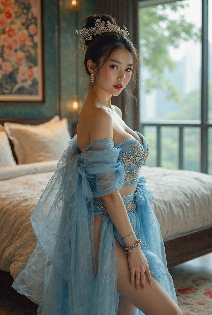 Sweet girly clothes 2,pearl necklace,Blue clothes,flower, ((whole body)), girl1人, Arapefi, looking at the camera, Wearing the Crown,necklace,smile,Shoot at random angles,By the window, Inside the castle, Transparency,(king-size ,1.5),Exposing cleavage,Turn around and look at the camera,masterpiece,perfection,Transparency,Inspiration in the void,Further details and decoration,Show me your thighs,Sexy thin legs, 8k,(Wearing jewelry such as rings,1.9),White skin,Glamorous decoration,girl,(Anatomically correct,Premium Quality, Attention to detail, masterpiece)