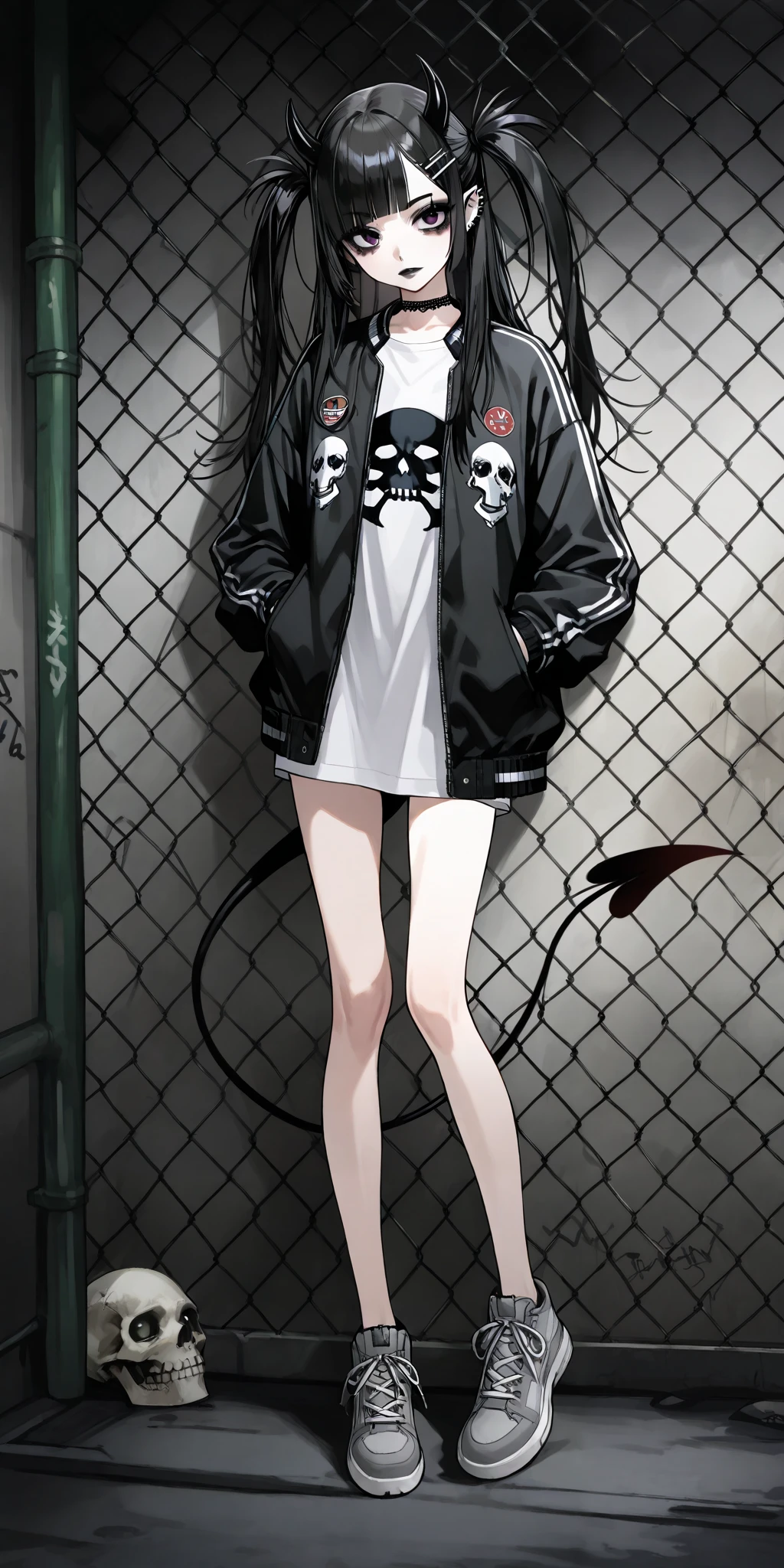 skinny tired girl is belong to emo/goth subculture. She has obsidian black scene hair with highlighted white strands, her hairstyle looks as a long emo bangs that hide half of her face, long hair gathered in two black high messy spiky long pigtails. She has a lot of hairpins and hair clips on her bangs. Her eyes are purple. She has black Gothic makeup: black lipstick,black eyeliner and leaking mascara, black eye shadow. She has a lot of piercings and tattoos. On her neak she wears a spiky choker. She is dressed in a gray torn brand T-shirt with a skull print or metallica band, a bomber sport-jacket, oversized jeans with ripped holes on her knees, and gray sneakers. Her palms is bandaged. on her forehead two obsidian black devil horns,behind her back devilish pointy tail. she is hanging around in an alley where the walls are covered with graffiti and the passage is twisted by a chain-link fence. on the background is fogy abandoned city.