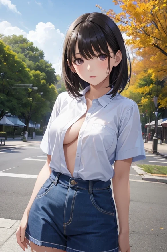 ((masterpiece, best quality)),((highres:1.2)), 1 Girl, solo, Blurred Background, (((Small breasts))), Thighs, (Stripe underwear), red bull T-Shirts, nipple