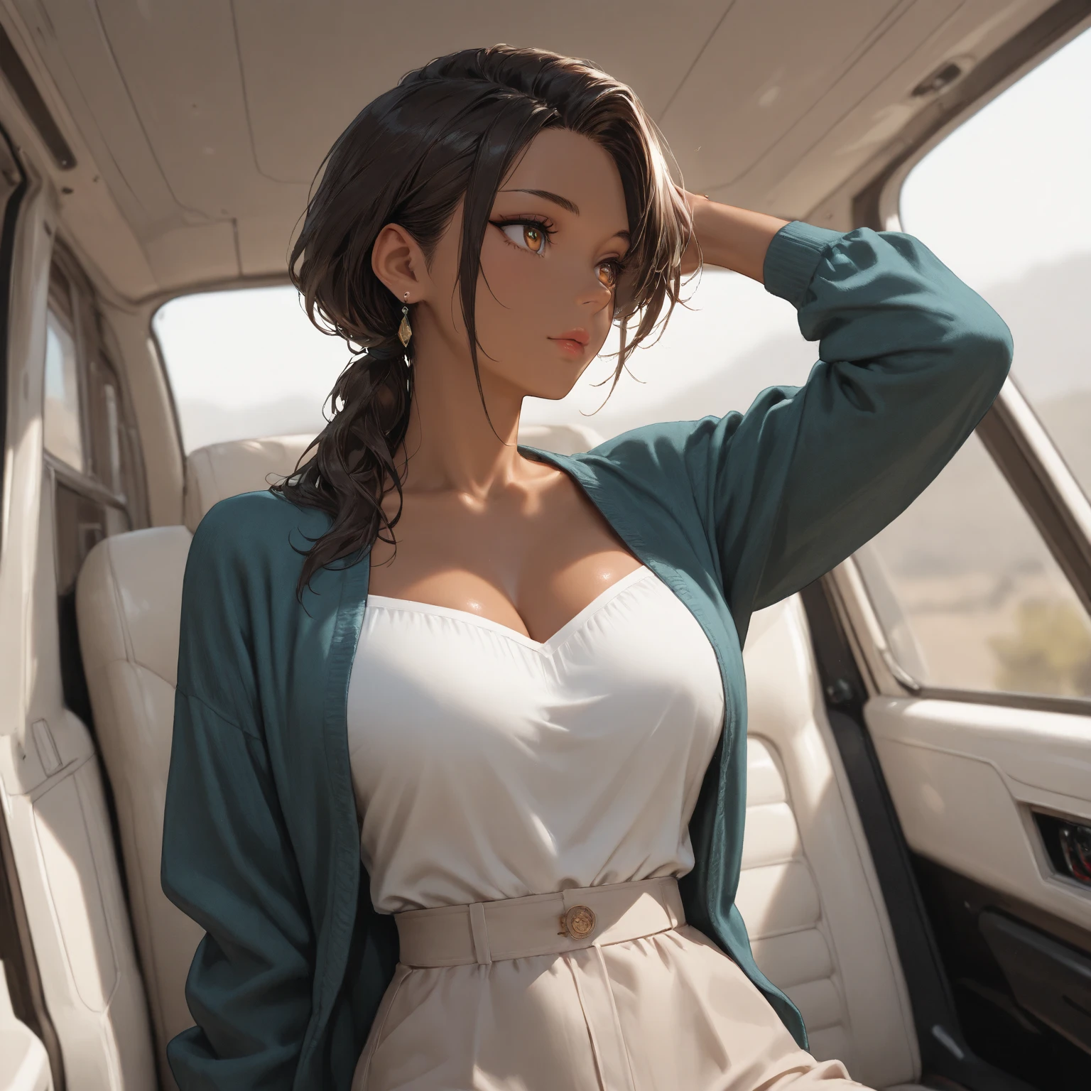 8K, RAW picture, rendered, Young punk woman sitting in the car, olive green jumpsuit, sunglasses, sunset in the background, ultra-detailed, photorealistic, realistic face, realistic hands, realistic legs, cinematic