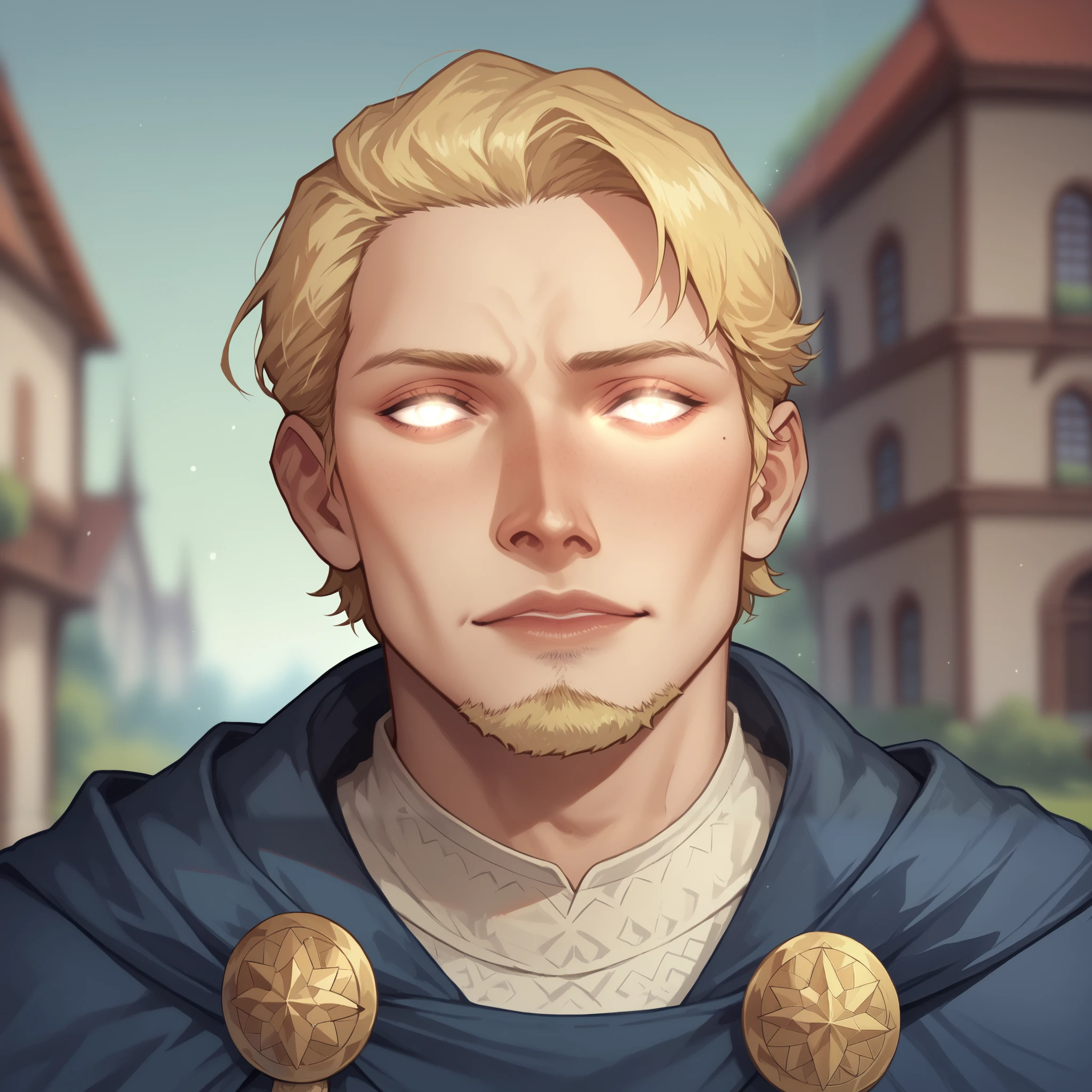 (((beautiful, high quality, comics style, detailed face))), score_9, score_8_up, score_7_up, masterpiece, best quality, unrealistically high details, extremely high quality, ultra-high detail, good anatomy, rating_explicit, perfect anatomy, anatomically correct hands:1.5, blurred background, DeepNegative_xl_v1, detailxl, zPDXL3, Score_PnyReal BREAK 1man, mature man, short hair, blonde hair, ((short beard over chin)), ((pale skin, shine)), glowing eyes, white eyes, fur mantel, fur cape, tunic ((light blue, fancy fabric)), armor, ((solo)), bearing teeth,portrait, upper body, portrait, facing viewer, fantasy outside, blurred background. (expressive face, expressive body, expressive emotions, dynamic pose, intense gaze, lively eyes, detailed facial expression, engaging presence)