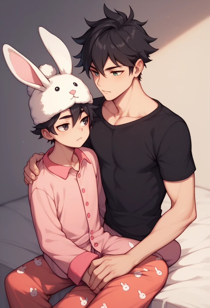 Male wolf ears, shy face, wearing this pajamas, lazing on the bed, turning his body, and a rabbit ear next to him, looking at this male rabbit looking at each other