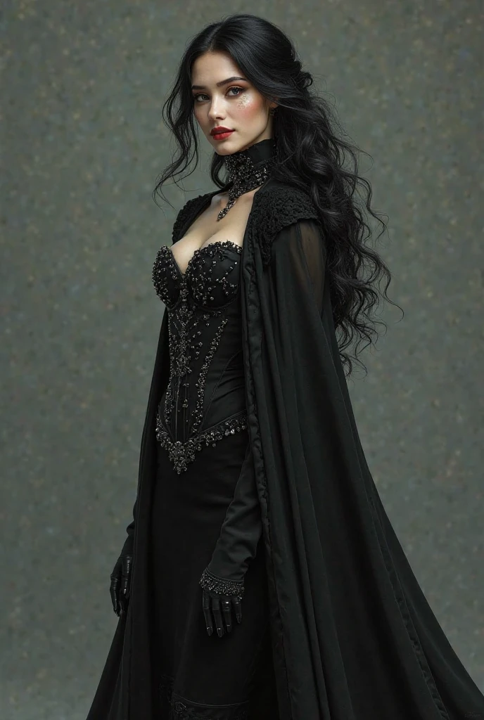 Huge eyelashes on a powerful and intimidating woman, an evil queen, bad girl with crown and black clothes, long black nails
