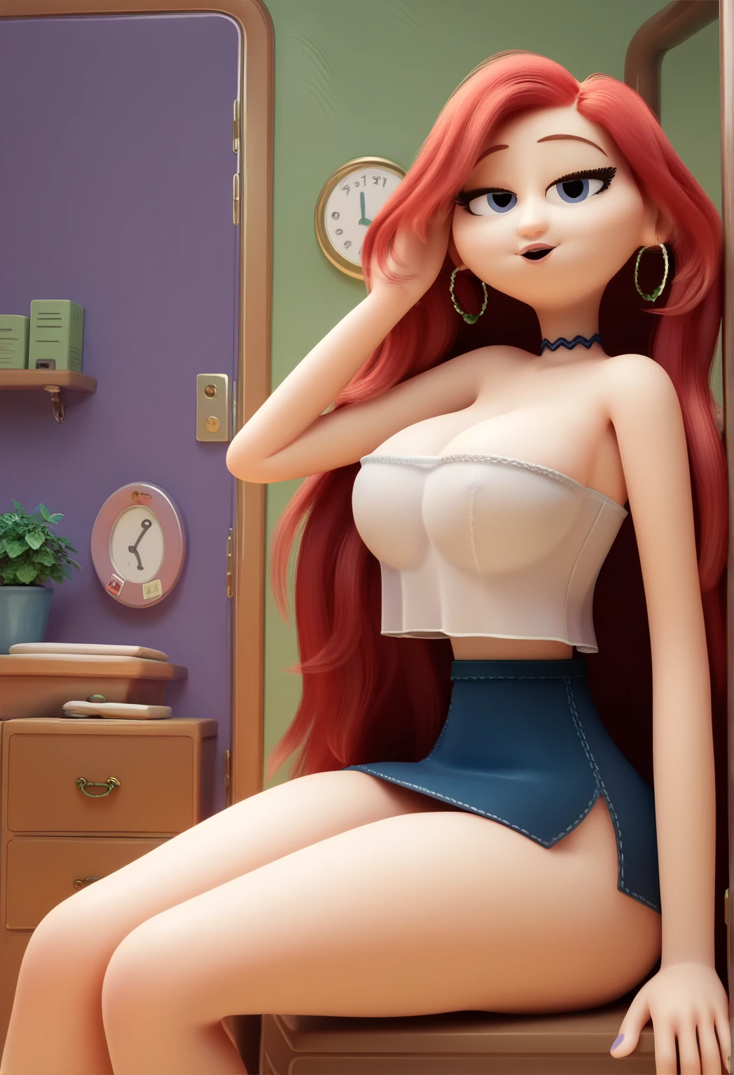 (best quality,highres,masterpiece:1.2), ultra-detailed, realistic:1.37, Pixar Style, secretary, kneeling on the floor, big breasts, D cup size, serious gaze, cleavage, nude, big lips, sexy, hot, full lips, seductive expression, smooth skin, shiny hair, professional lighting, vibrant colors, soft lighting