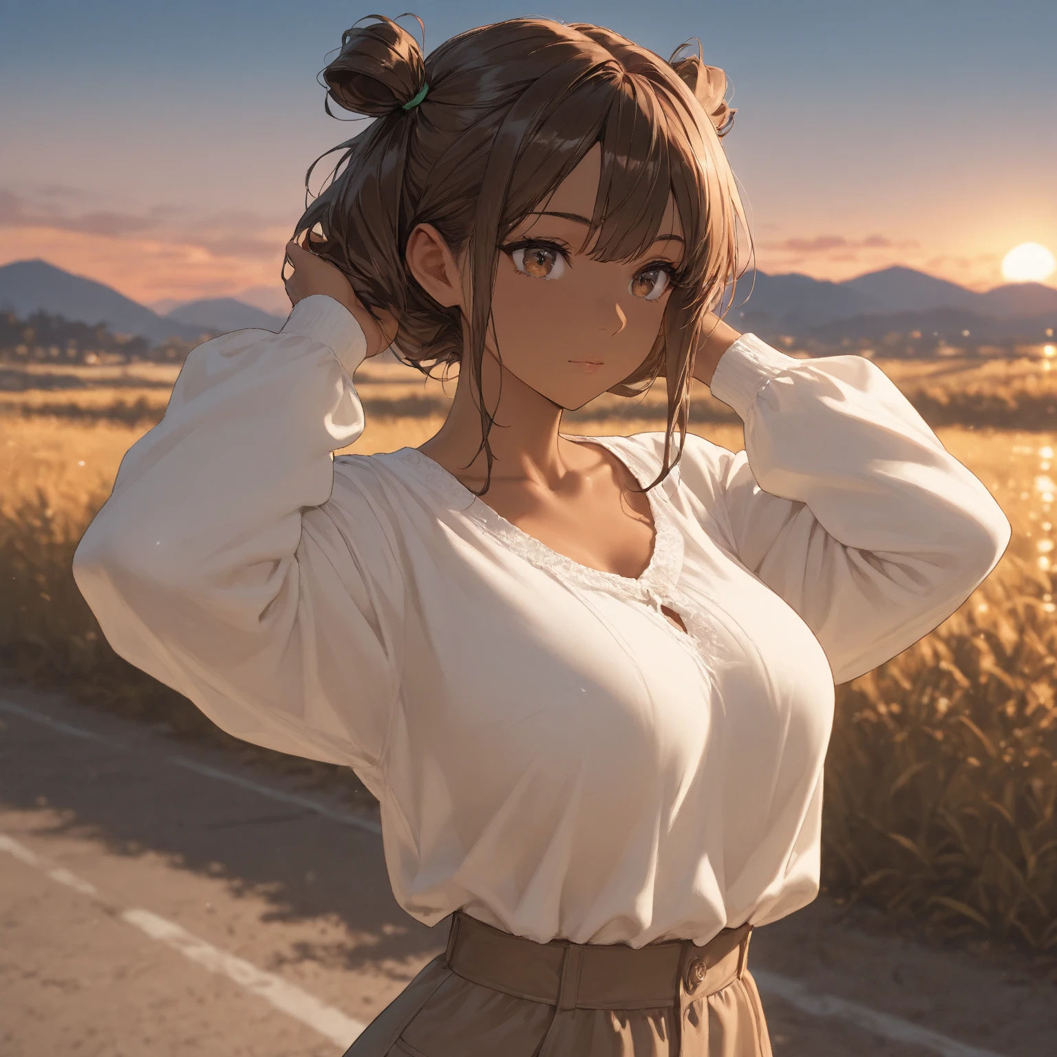 1girl, full body, solo, summer, village, trees, sun, clouds, ((brown hair)), ponytail, large breasts, ((black blazer)), button down shirt, ((white shirt)), ((unbuttoned shirt)), unbuttoning buttons, brown eyes, skirt, smile, looking at the viewer, standing, hair ribbon, golden necklate, shoulder bag