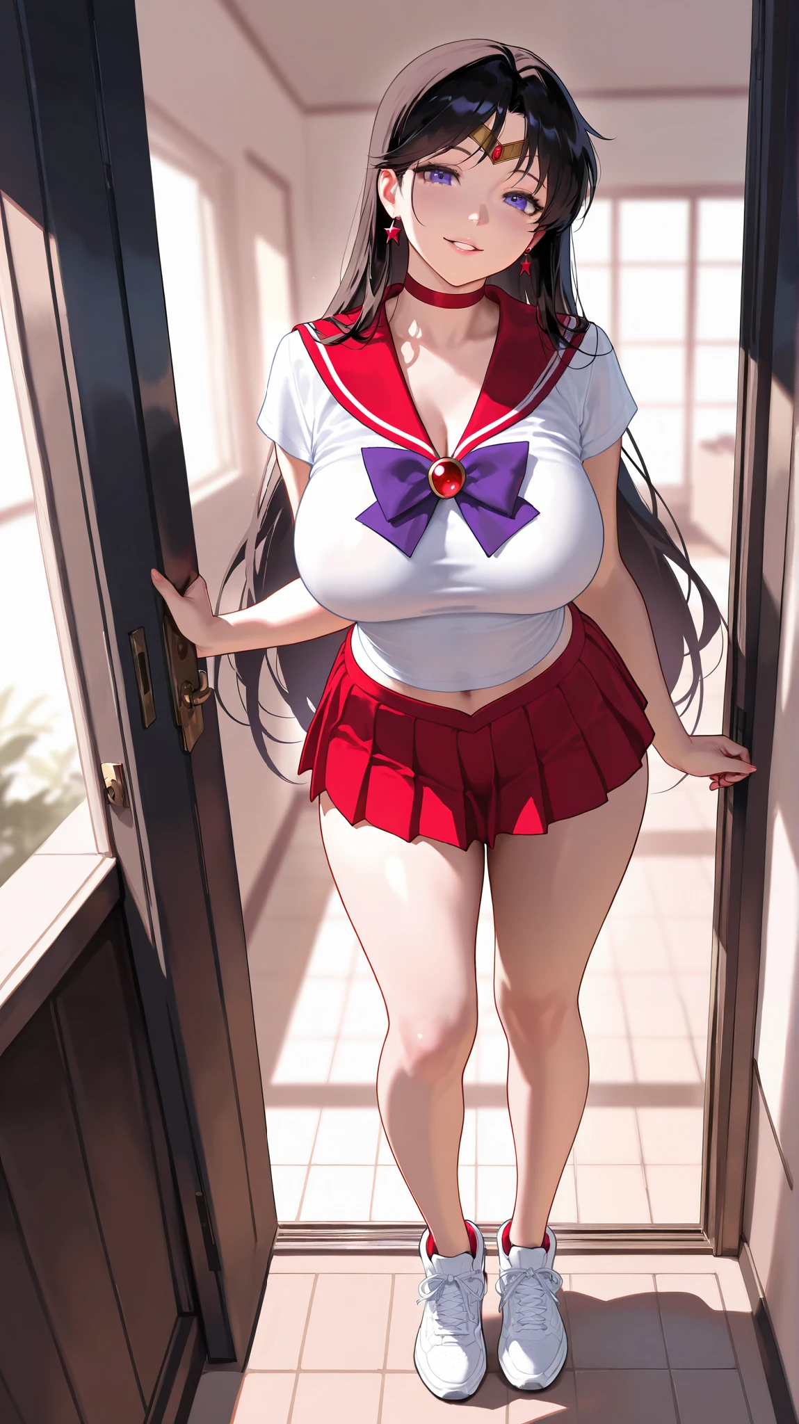 ruanyi037, 1girl, skinny, narrow waist, vermilion hair, long hair, folded ponytail, red eyes, medium breasts, thighs, knees, (freckles:0.7), makeup, red lips, (sweat:1.1), (school uniform, Slingshot swimsuit), cameltoe, jewelry, cowboy shot, standing, (straight-on:1.2), thigh gap, outdoors, baseball stadium, realistic skin texture, detailed background, beautiful and detailed artwork, <lora:add_detail:0.5> <lora:Swimming Lesson 6_v1:0.8>