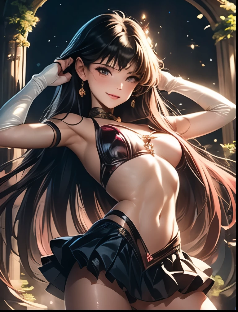 ((highest quality)),(ultra high resolution),(Super detailed),(detailed description),((best CG)),(best work of art),super precision art, (1 young girl:1.5), beautiful and well-shaped face:1.5,(Beautiful skin with precise and detailed depiction:1.6),(sleeveless halter neck sports bra and elastic waist band shorts ),gorgeous, masterpiece, best quality, high-resolution, finely detailed, extremely detailed and beautiful, distinct-image, 1 girl, 16 year old teenager, solo, sharp facial features, oval shaped face. cherry pink lips, lightly tanned white skin. velvet-colored eyes, C-cup breasts, tall height(175cm), slim yet chiseled body type, flowing waist length dark violet-black hair, small narrow waist, long and slender legs, curvy wide hips, elegant gothic courtyard setting
