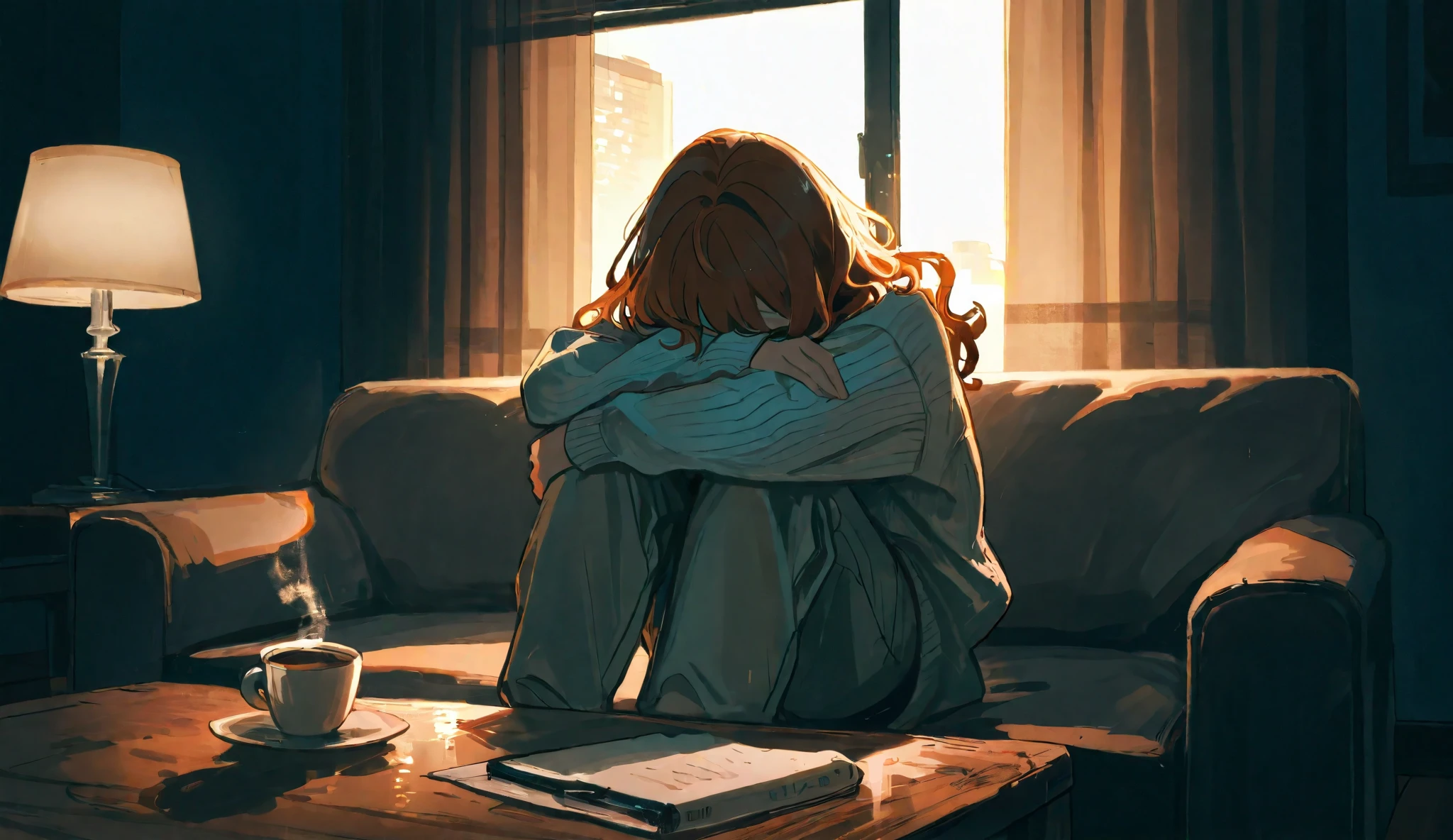 *A quiet living room at night. A woman with long wavy auburn hair sits alone on a couch. She wears a loose sweater and soft pants. Her posture is slightly hunched, with one hand resting on her knee and the other lightly touching her arm.
On the wooden coffee table in front of her, a silver key and a neatly stacked divorce document remain untouched. A cup of tea sits beside them, long gone cold.
A single table lamp casts a soft, warm light, creating long shadows in the empty room. The curtains near the window shift slightly as a breeze enters. Through the window, the distant city lights glow, but inside, everything feels still and heavy.*