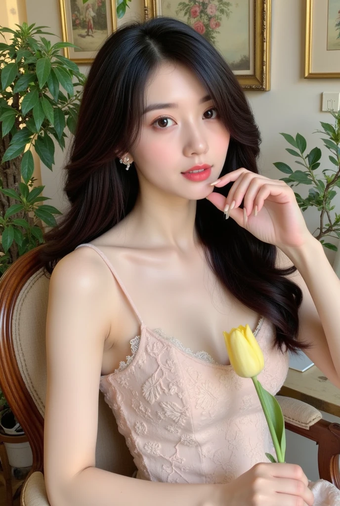 Best-quality, Masterpiece, Ultra-High-Resolution, (Photorealistic:1.4), Raw-Photo, 1girl, -yeld, thost famous Japanese idol, face-focus, at luxury-hotel-suite, carrying a large bouquet of roses, extremely cute face like a most popular Japanese idol, ((extremely beautiful big-black-eyes)), extremely beautiful black-short-cut-haired, extremely beautiful skins, extremely beautiful long-eyelashes, extremely beautiful lips, extremely beautiful shoulders, extremely beautiful breasts, extremely beautiful body, extremely beautiful thighs, detailed large-bouquet of roses, looking at viewer, innocent smile,